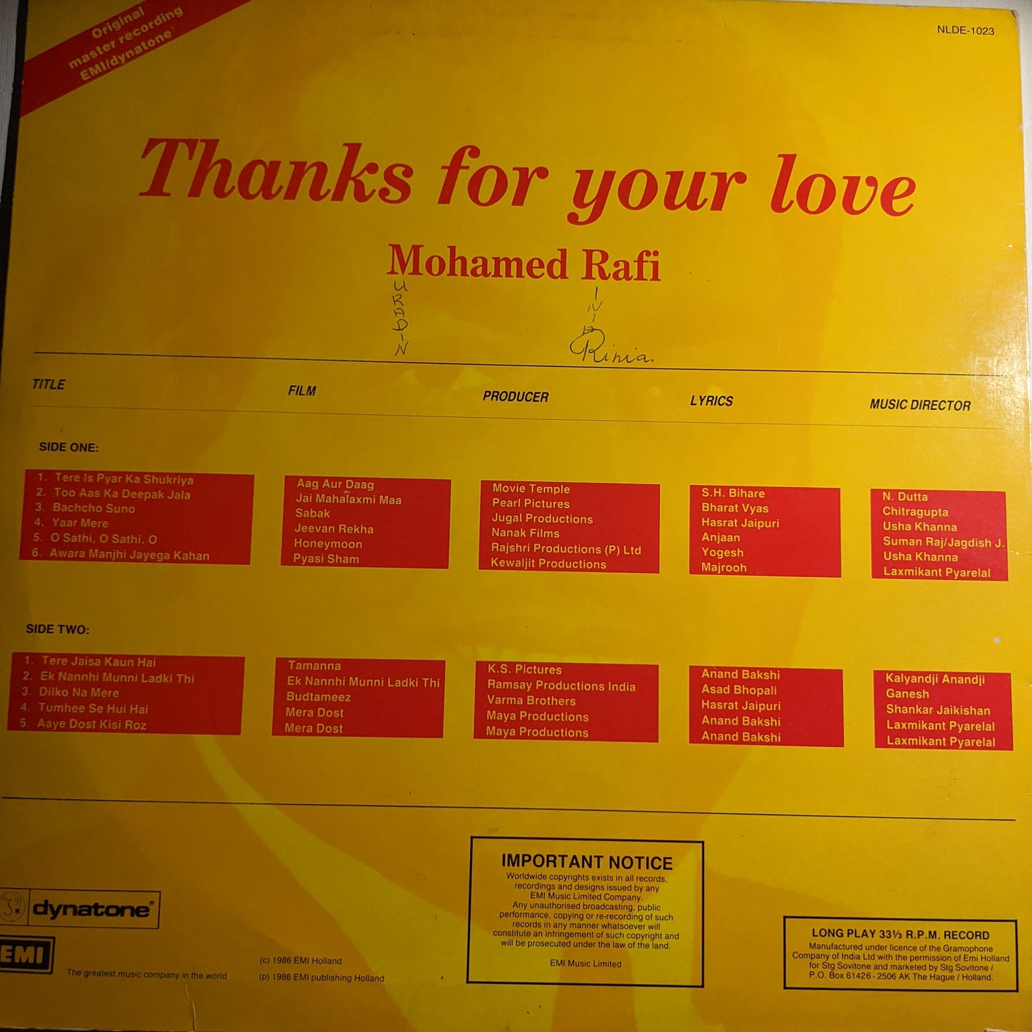 Mohammed Rafi - Thanks for your Love - Rafi Rare hits in Excellent condition - Holland pressing
