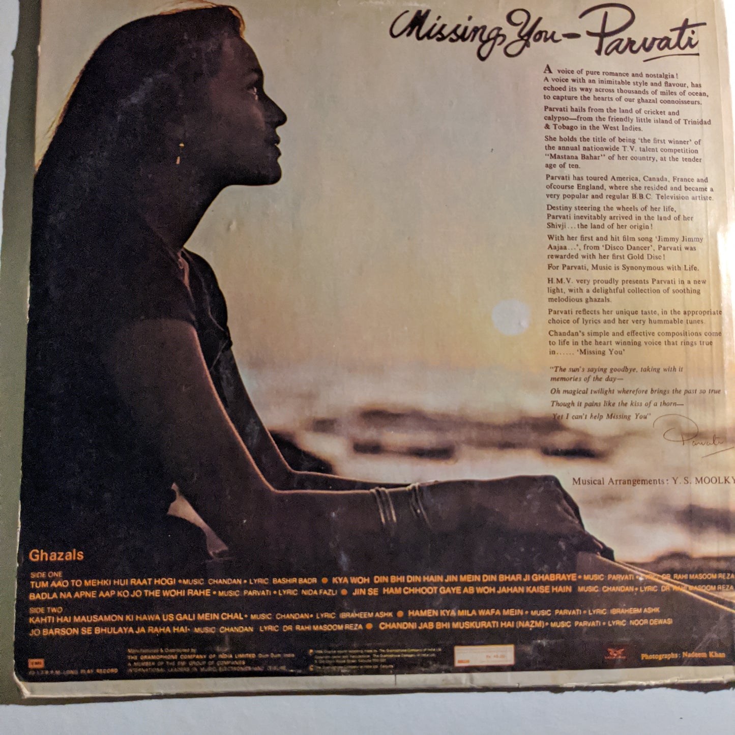 Parvati* Missing You .... (Ghazals) in near mint Condition