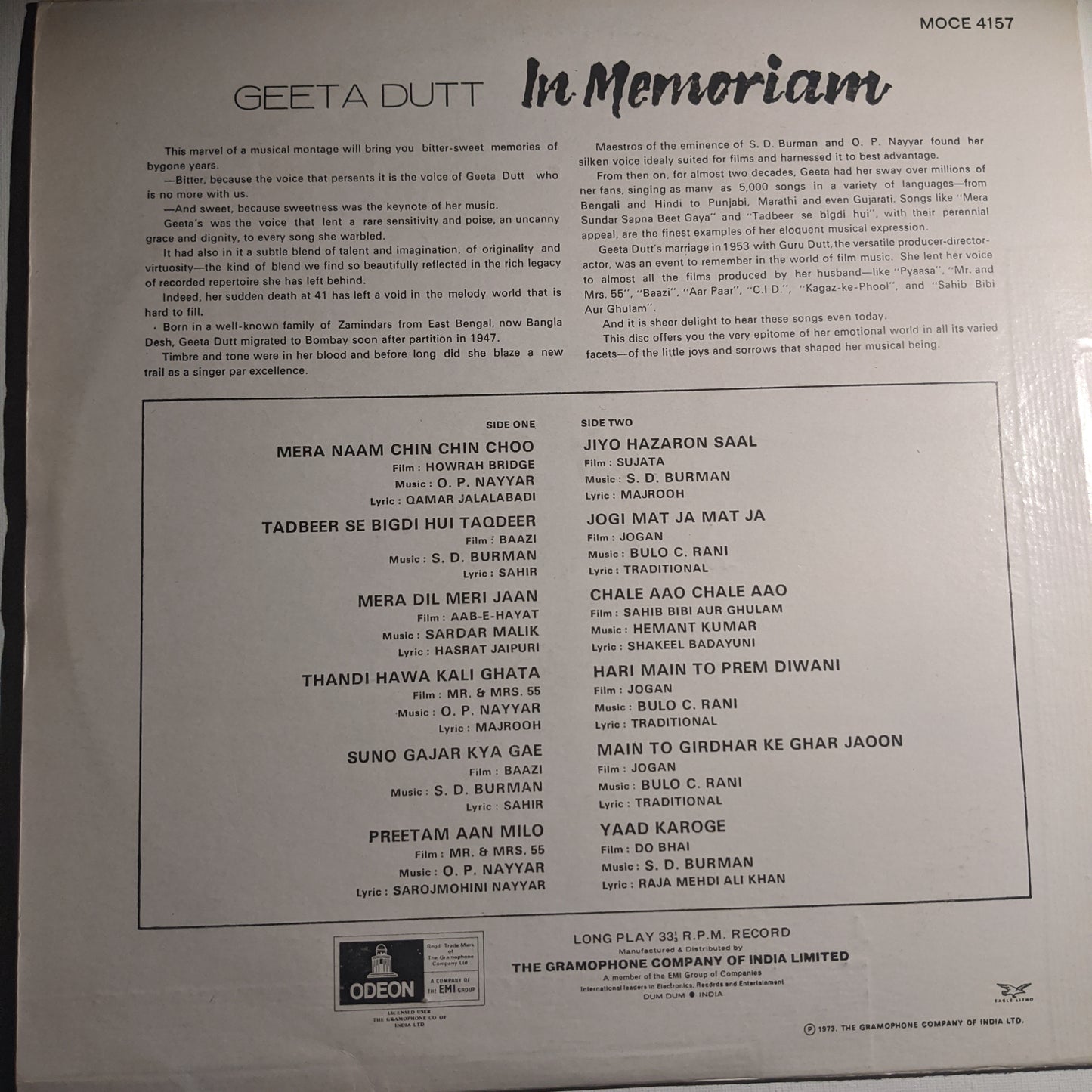 Geeta Dutt In Memoriam in excellent condition