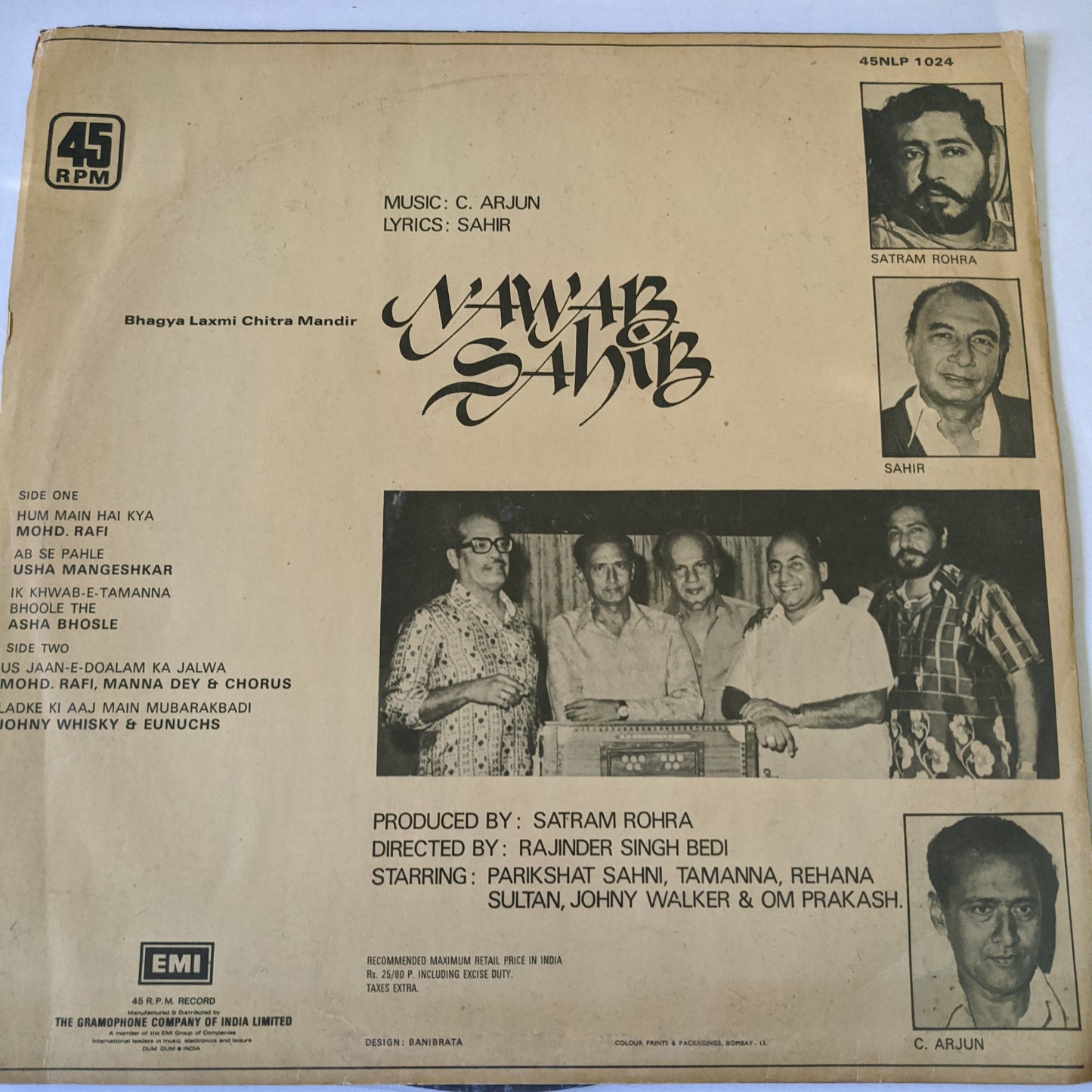 Nawab Sabib- Satram Rohra, - Sahir Ludhianvi, - C. Arjun - 45 RPM LP in near mint
