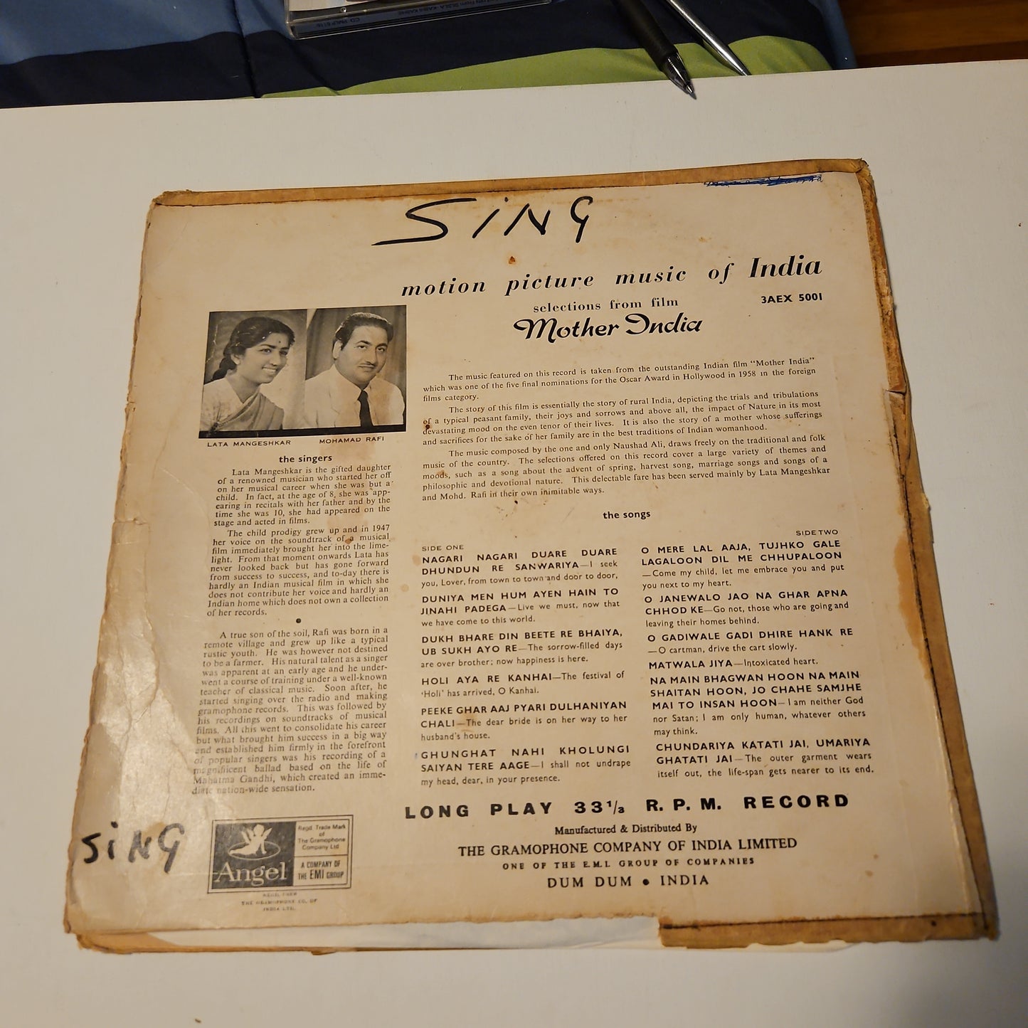 Mother India - Naushad Bollywood classic - 1st Angel Pressing in VG to Vg+