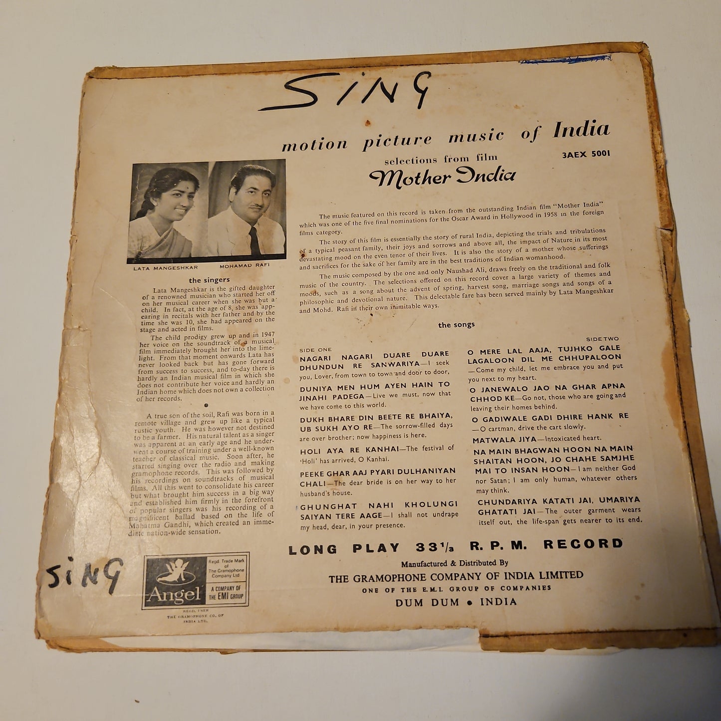 Mother India - Naushad Bollywood classic - 1st Angel Pressing in VG to Vg+
