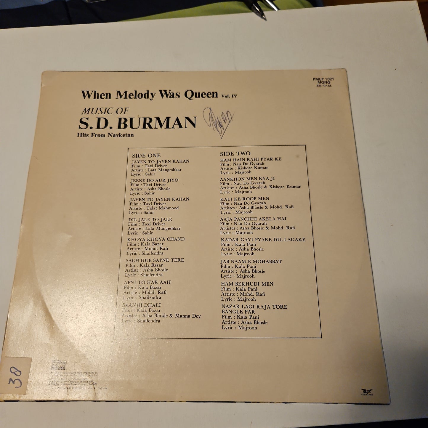 Music of S. D Burman including *kala Pani* , *taxi Driver* and *nau do gyarah* Songs in excellent PMLP1021