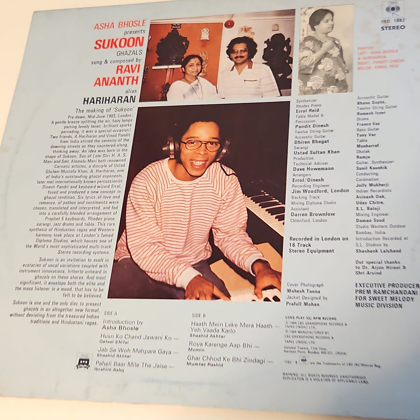 Asha Bhsole presents Hariharan Sukoon (Ghazals By Hariharan) near mint