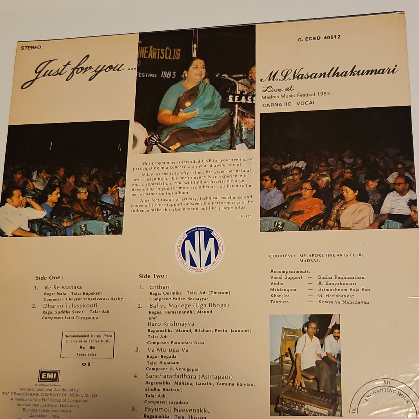 M. L. Vasanthakumari Just For You... Live At Madras Music Festival 1983 CARNATIC - VOCAL near mint