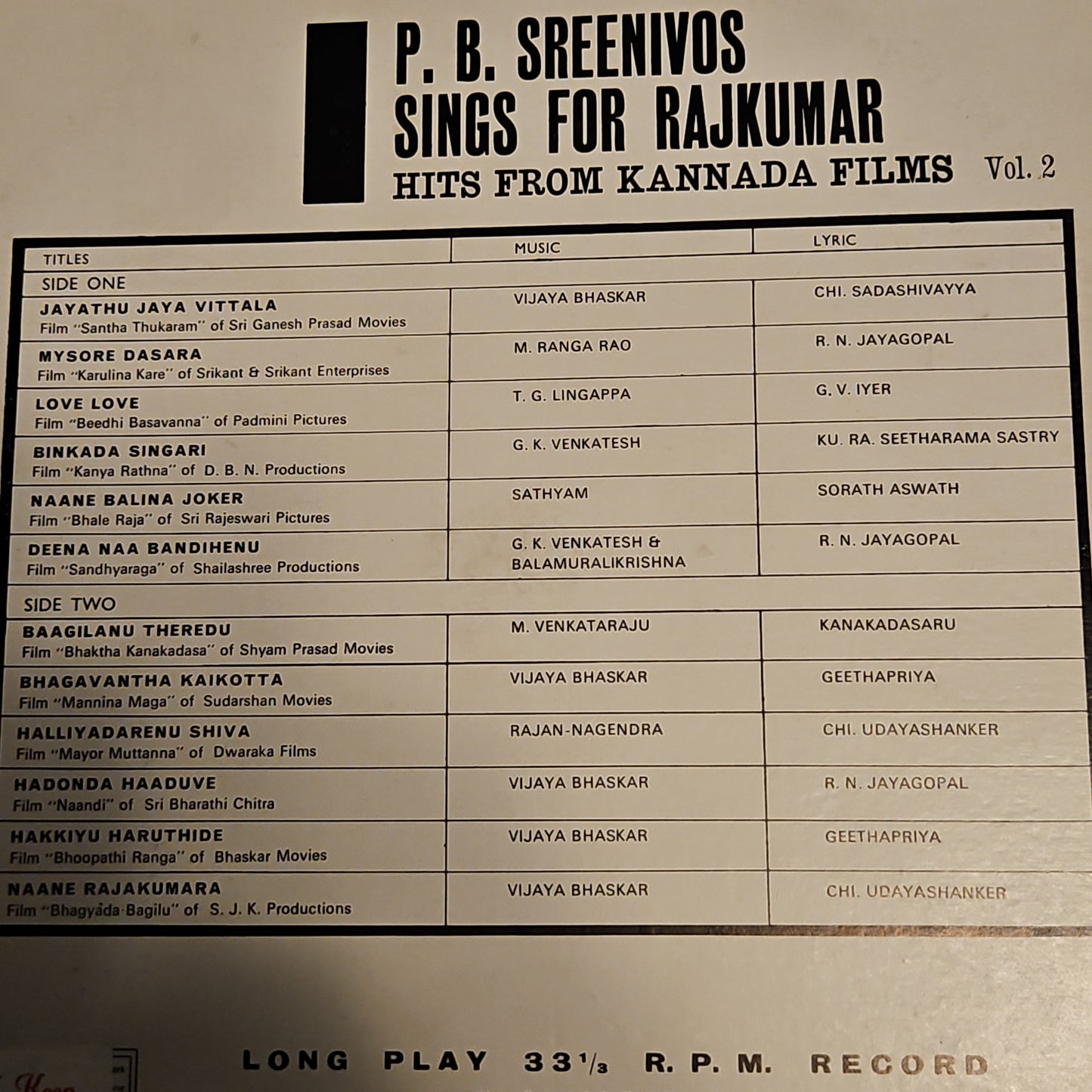 Hits from Kannada Films vol 2 - P B SRINIVOS Odeon 1st edition vol 2