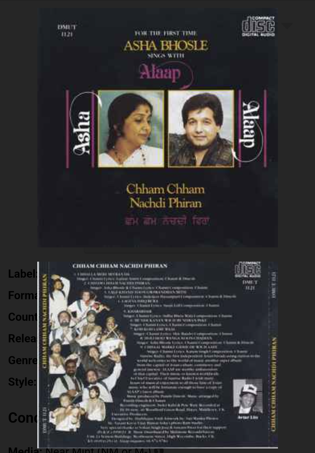 Alaap, - Asha Bhosle - Chham Chham Nachdi Phiran
made in UK audio CD