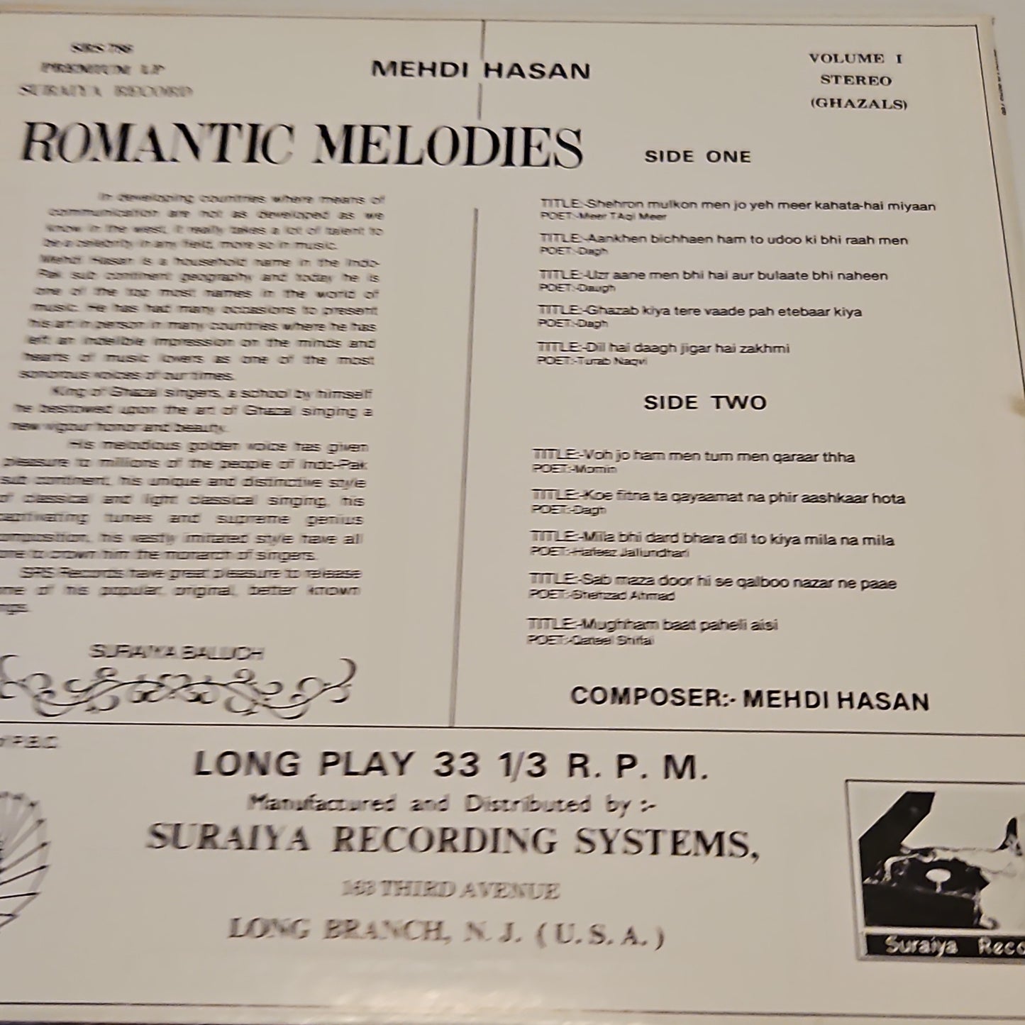 Mehdi Hassan - Romantic melodies - made in USA in near mint