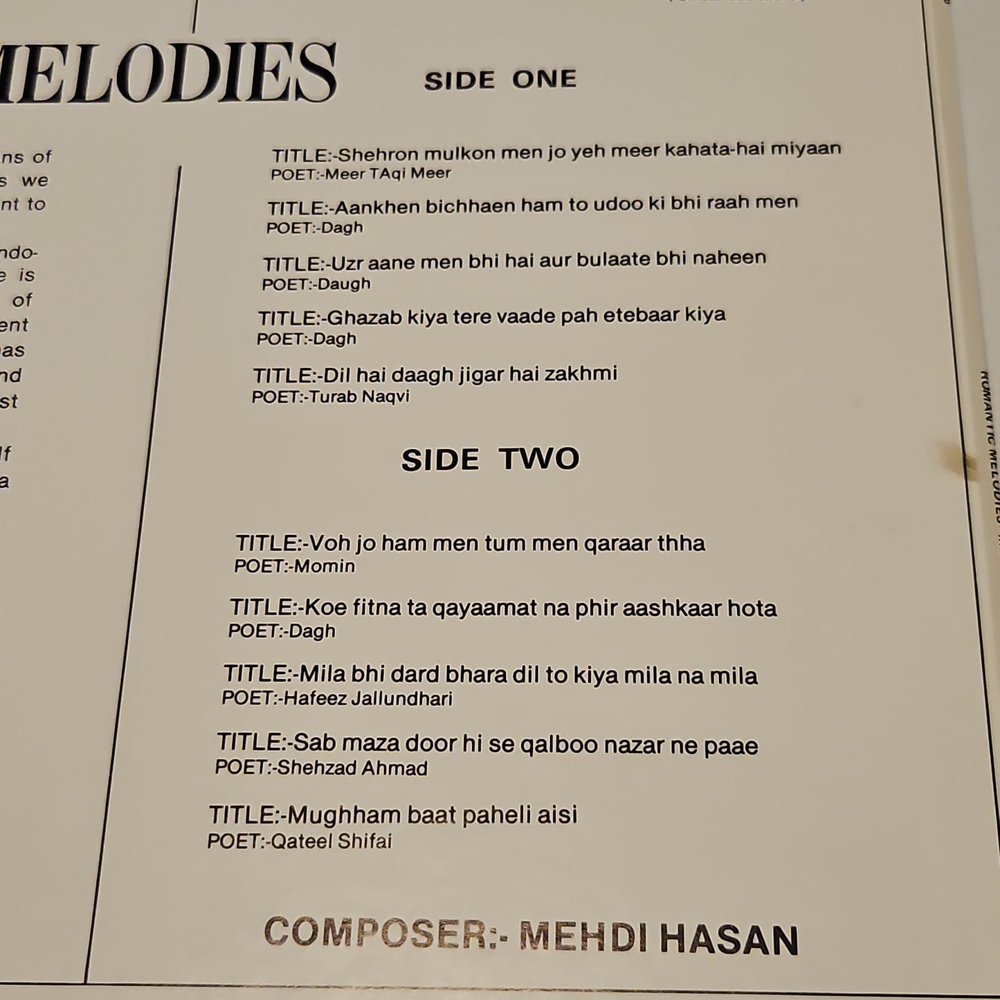 Mehdi Hassan - Romantic melodies - made in USA in near mint