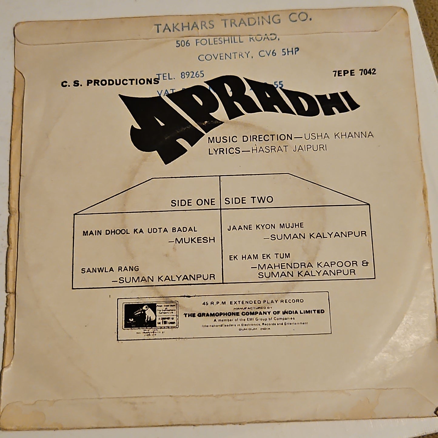 Apradhi  - Usha Khanna classic 1st HMV version Rare EP in VG+