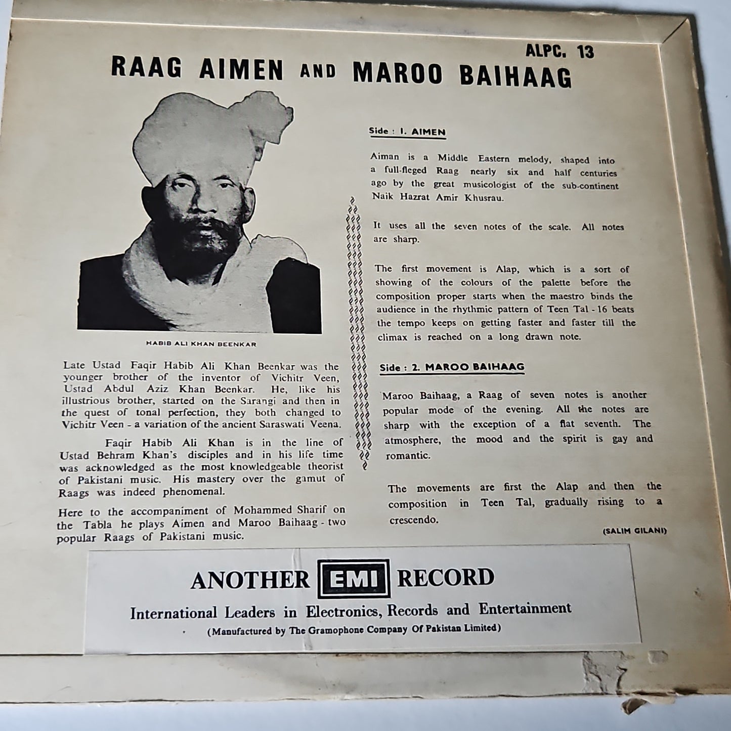 Habib Ali Khan Beenkar - Raag Aimen and Maroo Baihaag in excellent condition