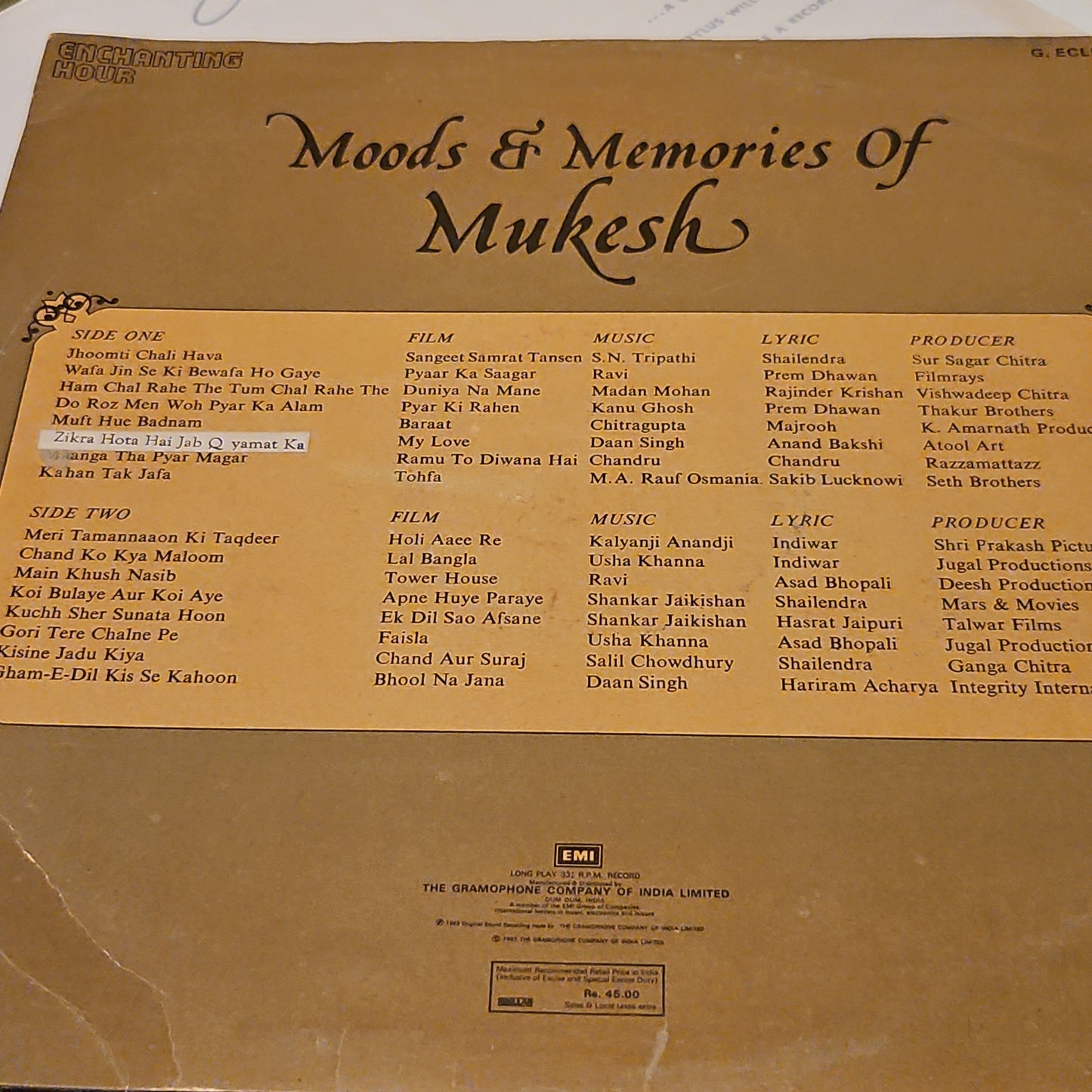 Mukesh - Moods and memories Enchanting hour VG+