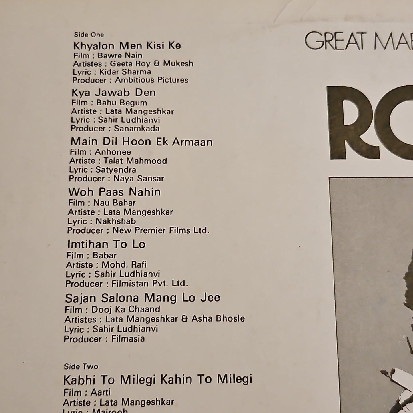 Roshan - The great Maestro Great Melodies near mint Pristine