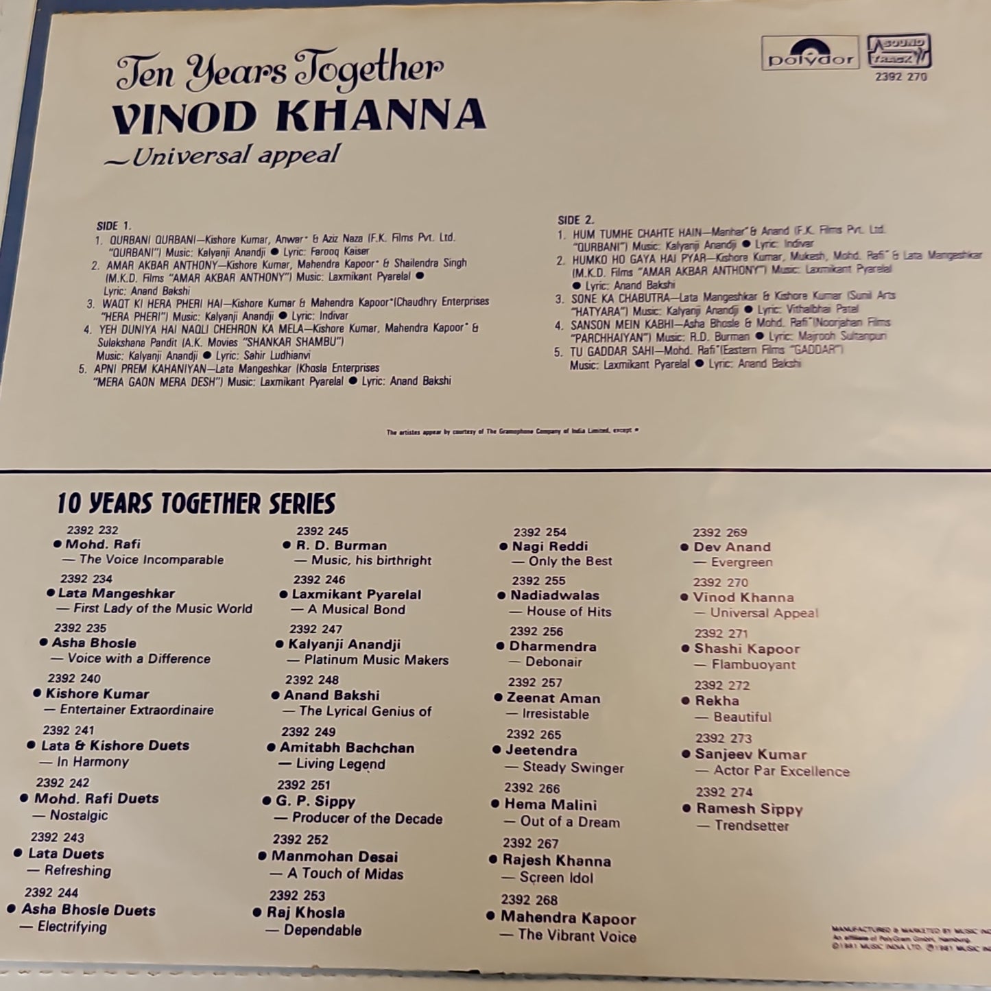 Vinod Khanna - songs from his films - Collectible Item in Excellent