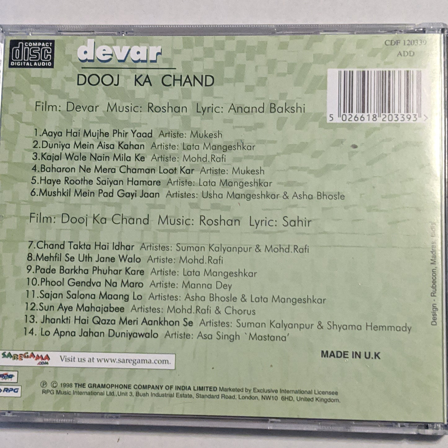 Devar and Dooj Ka Chand Music By Roshan - Audio CD 1st edition made in UK Near mint