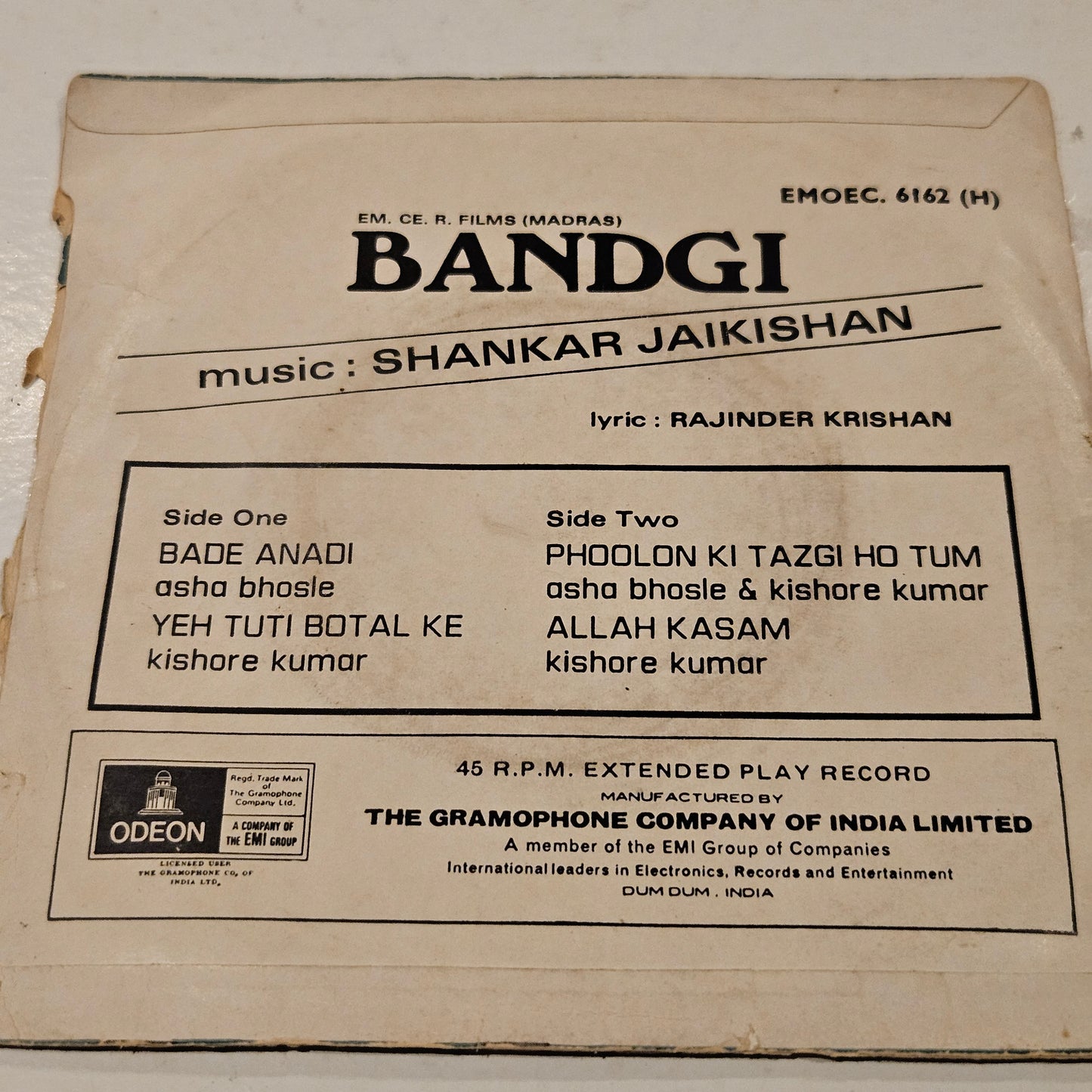 Bandgi - music Shankar Jaikishan i Ep in excellent condition