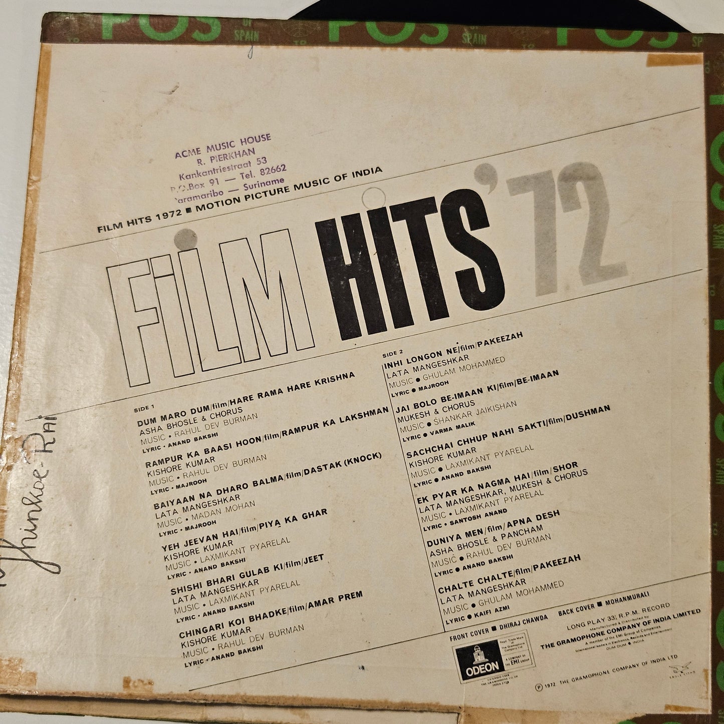 Film Hits 1972 superhit songs Ring Odeon version in Good condition