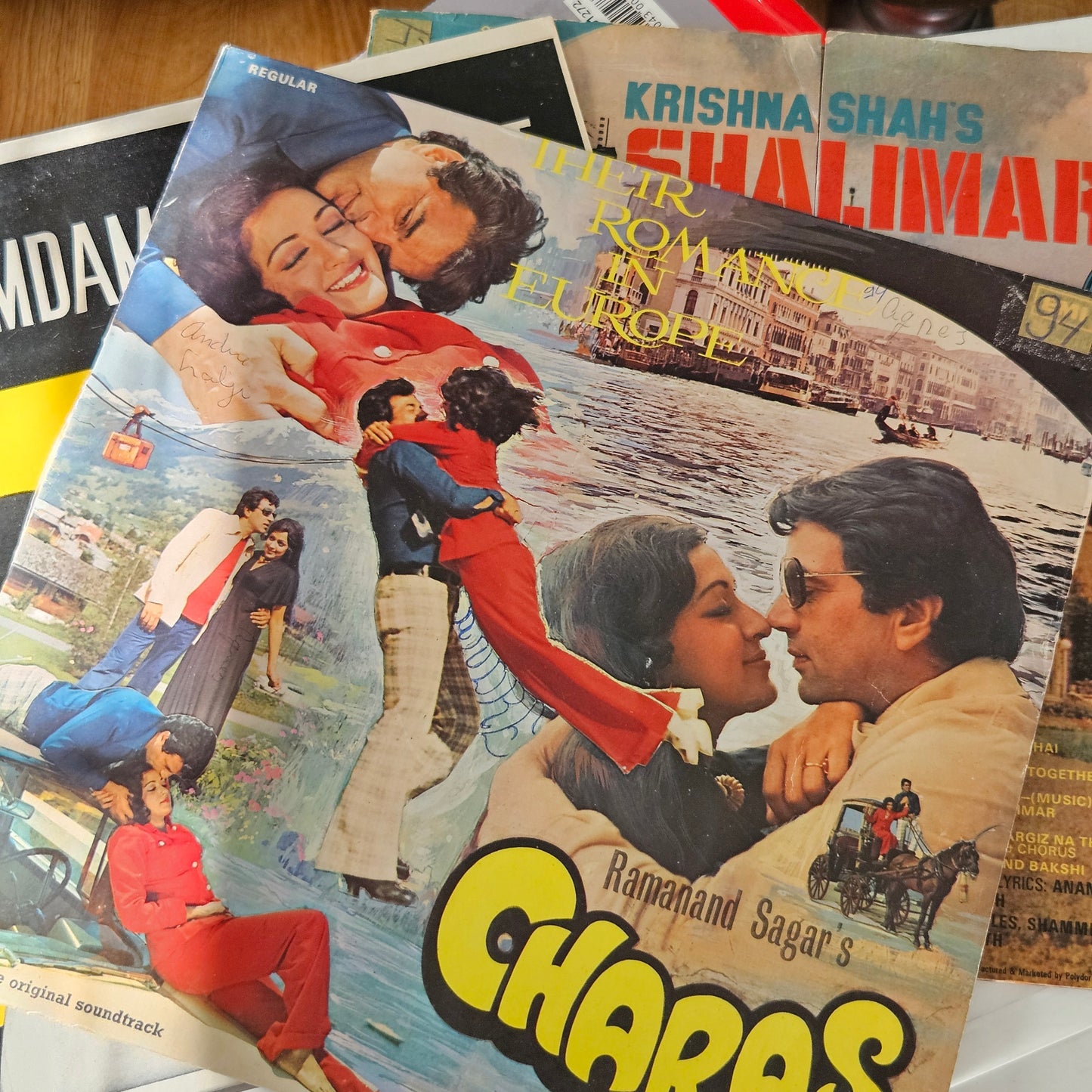 4 LPs Dharmendra Superhit films - original soundtrack  Charas, Shalimar and Mere Hamdam Mere Dost and Krodhi  in VG++ to excellent - great deal