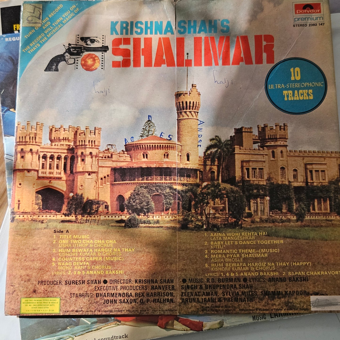 4 LPs Dharmendra Superhit films - original soundtrack  Charas, Shalimar and Mere Hamdam Mere Dost and Krodhi  in VG++ to excellent - great deal