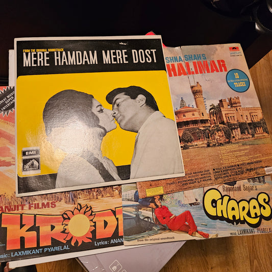 4 LPs Dharmendra Superhit films - original soundtrack  Charas, Shalimar and Mere Hamdam Mere Dost and Krodhi  in VG++ to excellent - great deal