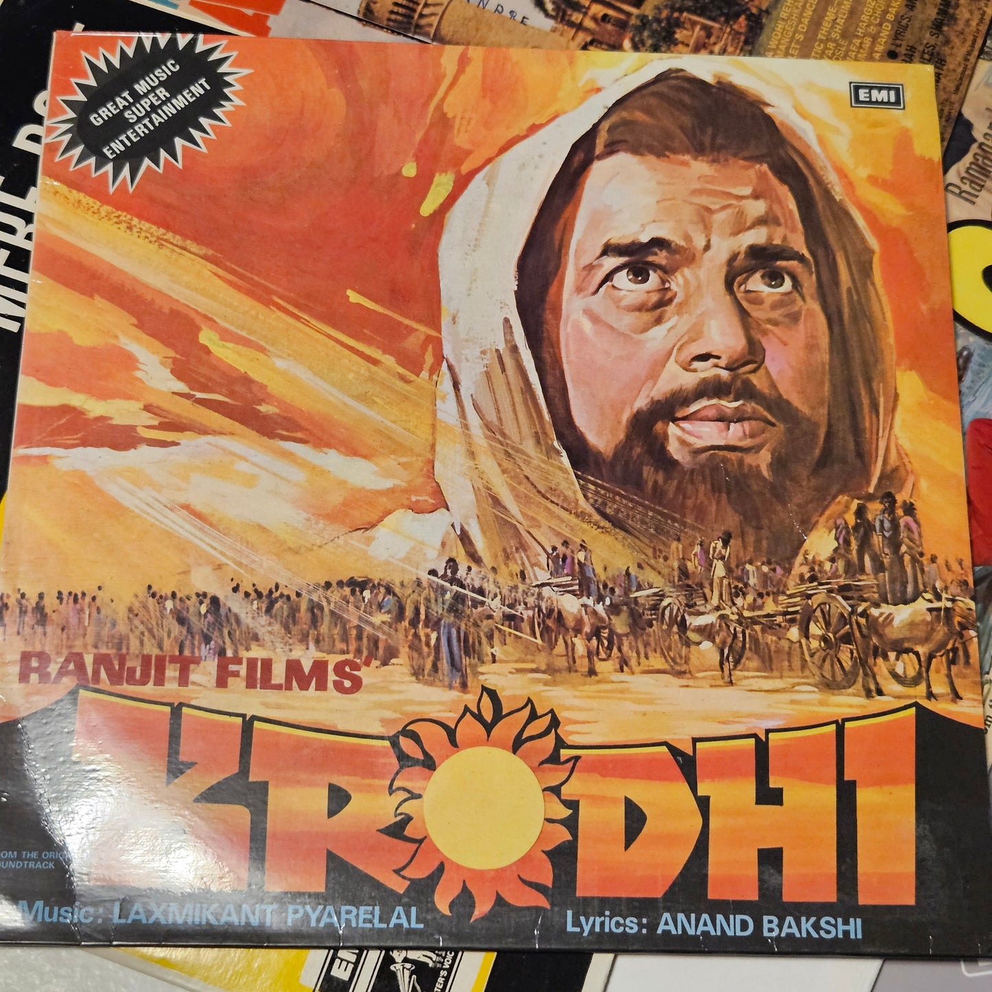 4 LPs Dharmendra Superhit films - original soundtrack  Charas, Shalimar and Mere Hamdam Mere Dost and Krodhi  in VG++ to excellent - great deal