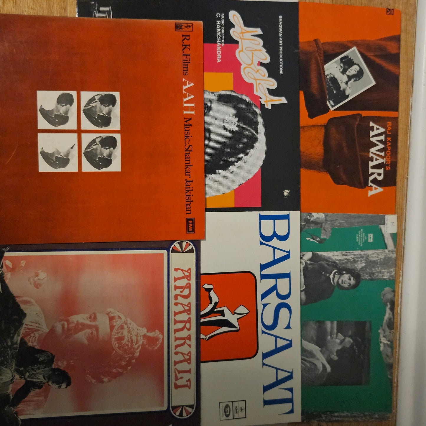 6 Superhit classic LPs package - Original soundtrack in  excellent condition 1.Aah 2. Barsaat 3.Awara 4. Madhumati 5.Anarkali 6.Albela