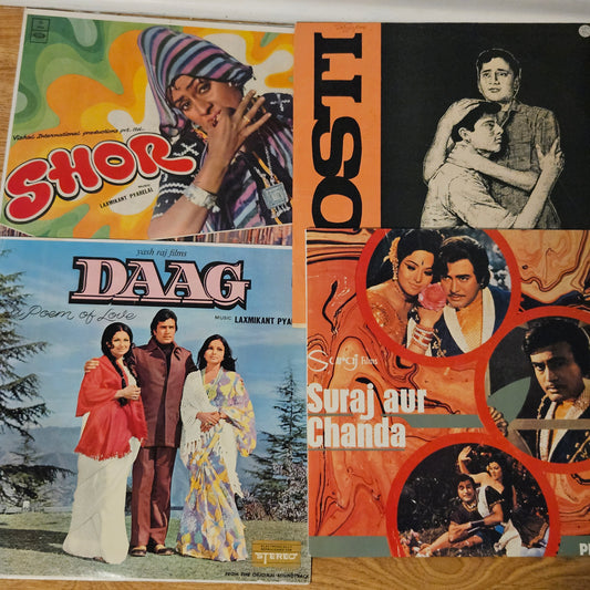 4 Lps of music by Laxmikant Pyarelal Superhit collection 1.Dosti 2.Shor 3.Daag and 4. Suraj aur Chanda all in near mint condition - original soundtrack - great deal