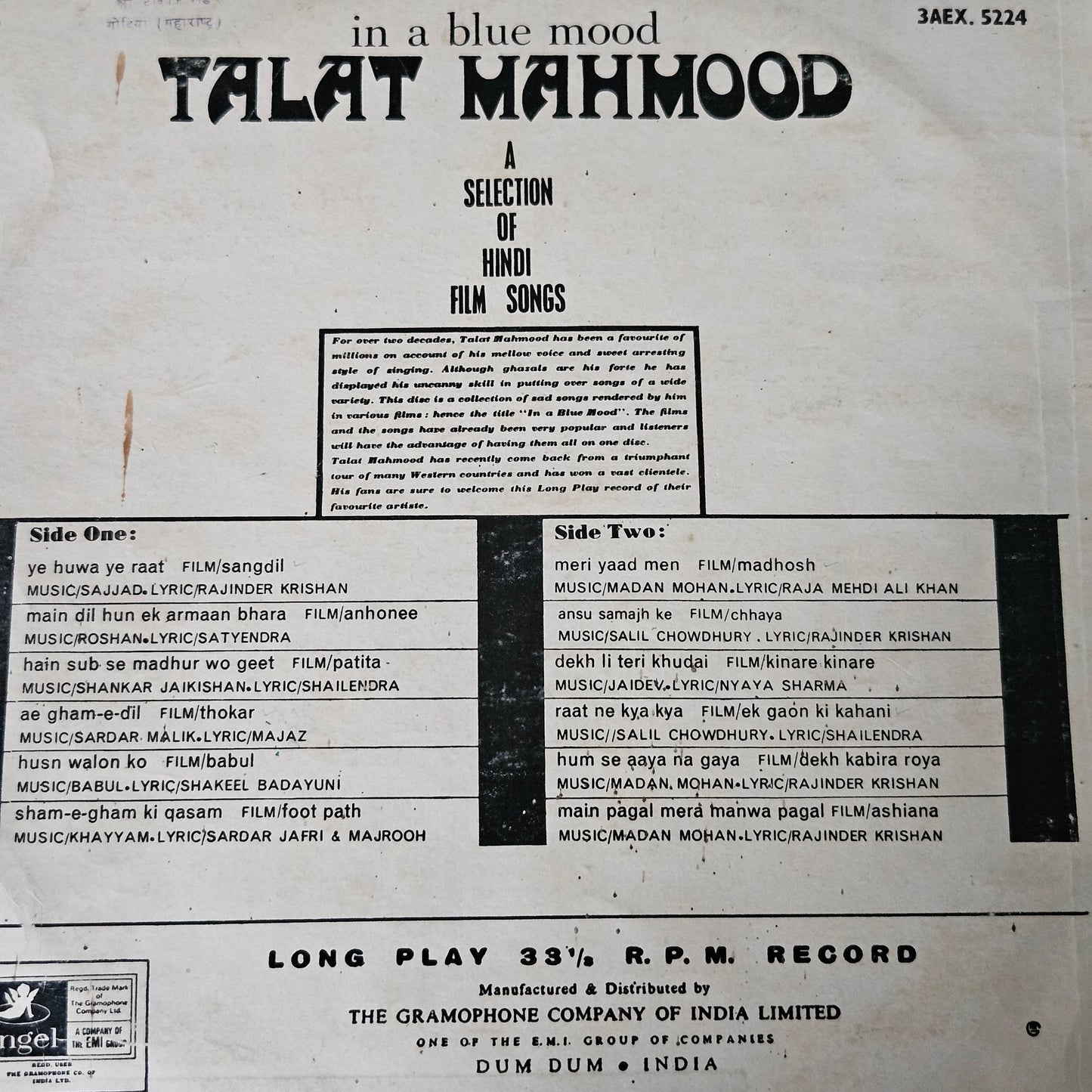 3 Lps Talat Mahmood - Great collection Best albums in VG/VG+   great deal