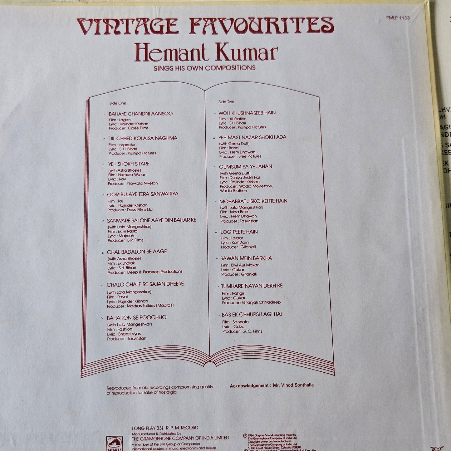3 Lps Hemant Kumar Great collection Best albums in excellent to near mint