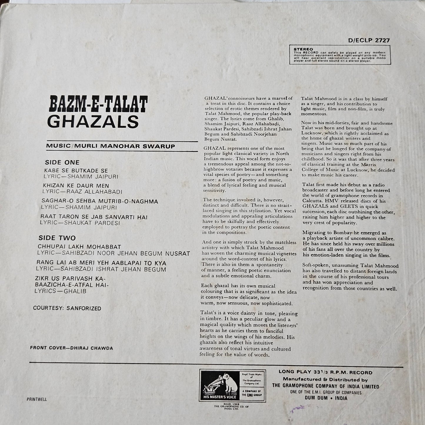 Talat Mahmood  3 records - Great collection of Ghazals albums in near mint condition