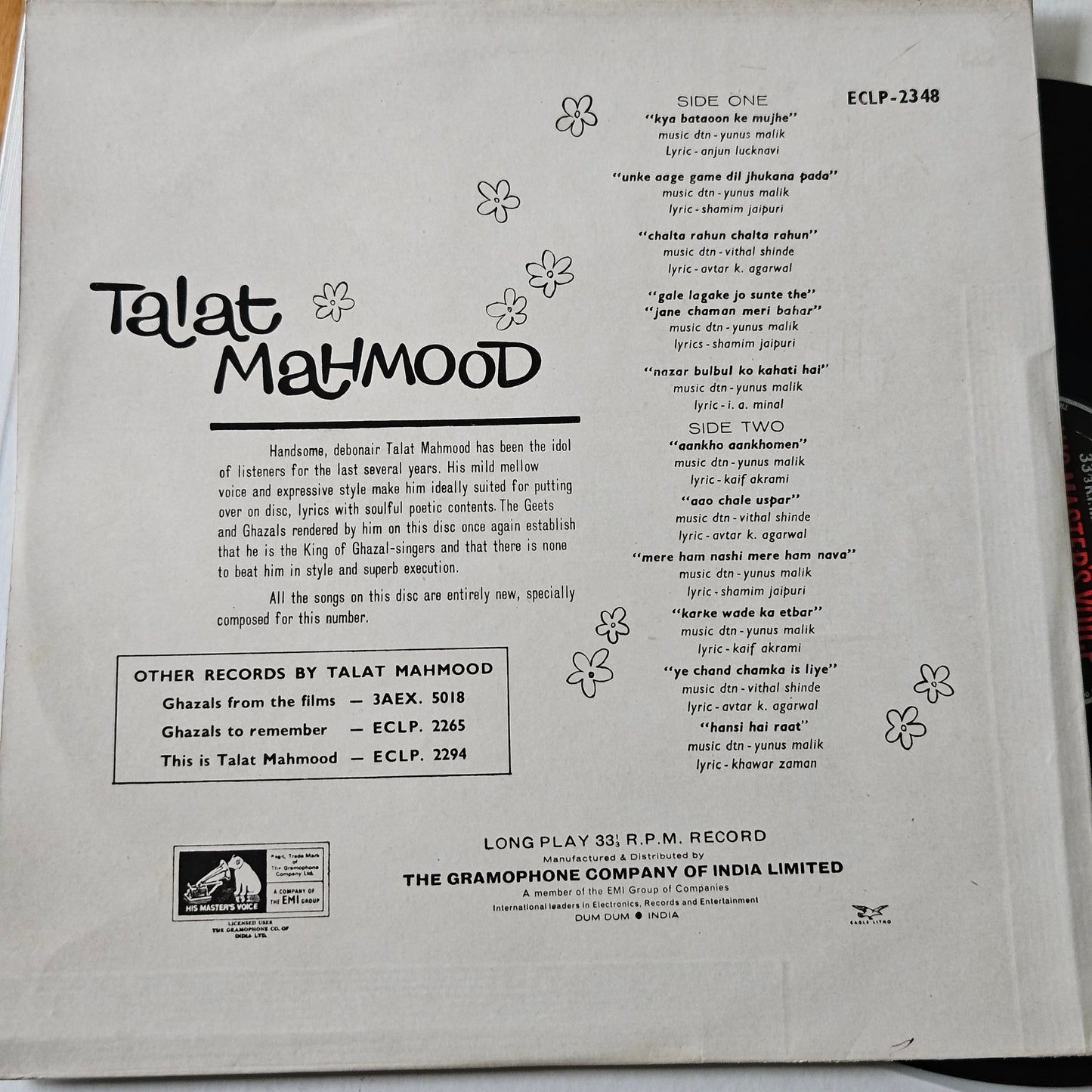 Talat Mahmood - spring blossoms - in excellent condition - rare collection of songs - 1st HMV edition