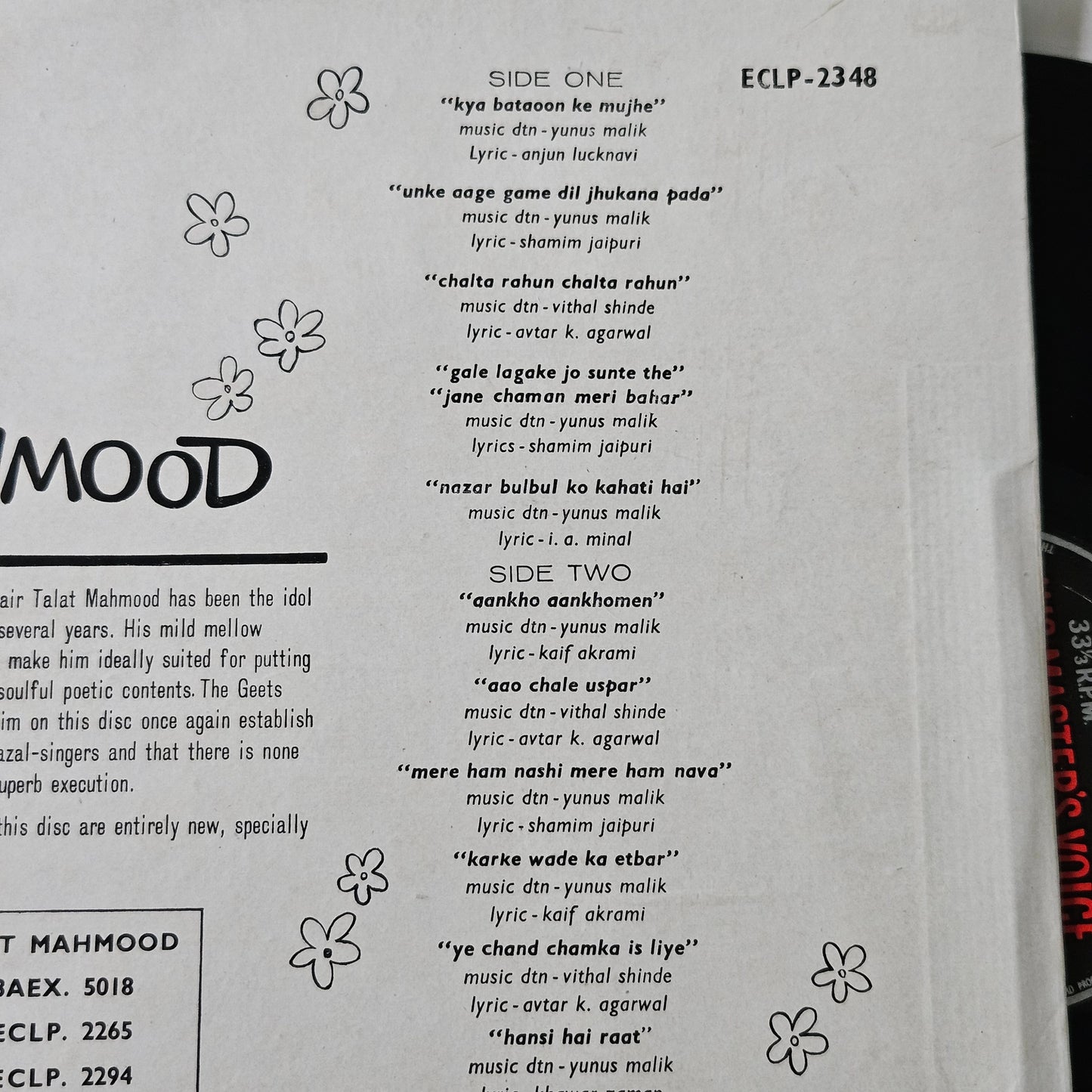 Talat Mahmood - spring blossoms - in excellent condition - rare collection of songs - 1st HMV edition