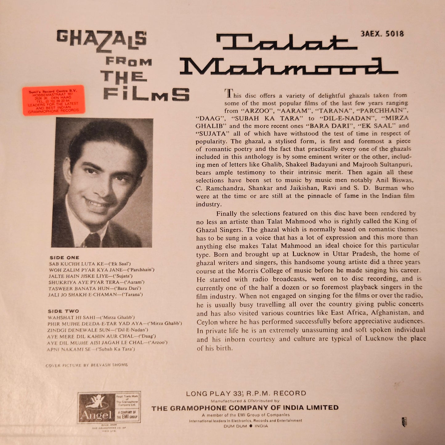 Talat Mahmood - ghazals from Films - The love songs of Talat-  in near mint condition - from original soundtrack 3AEX 5018