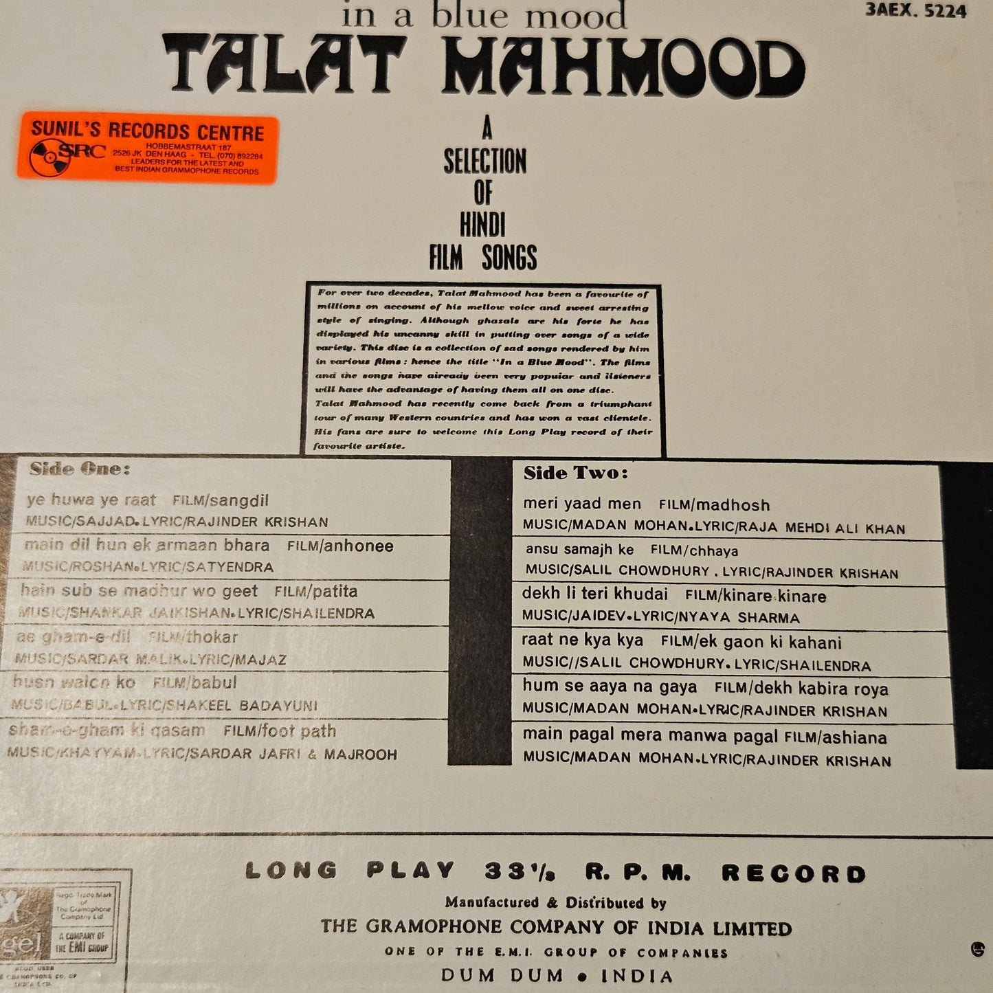 Talat Mahmood - Songs from Films - In Blue Mood -  in near mint condition - from original soundtrack 3AEX 5224