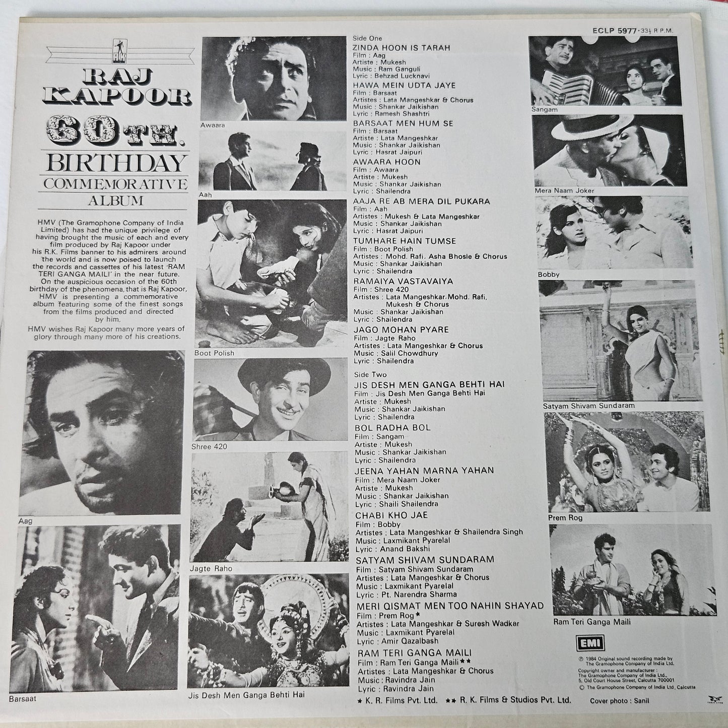 Various – Raj Kapoor (60th. Birthday Commemorative Album) HMV– ECLP 5977
LP Mono 1984