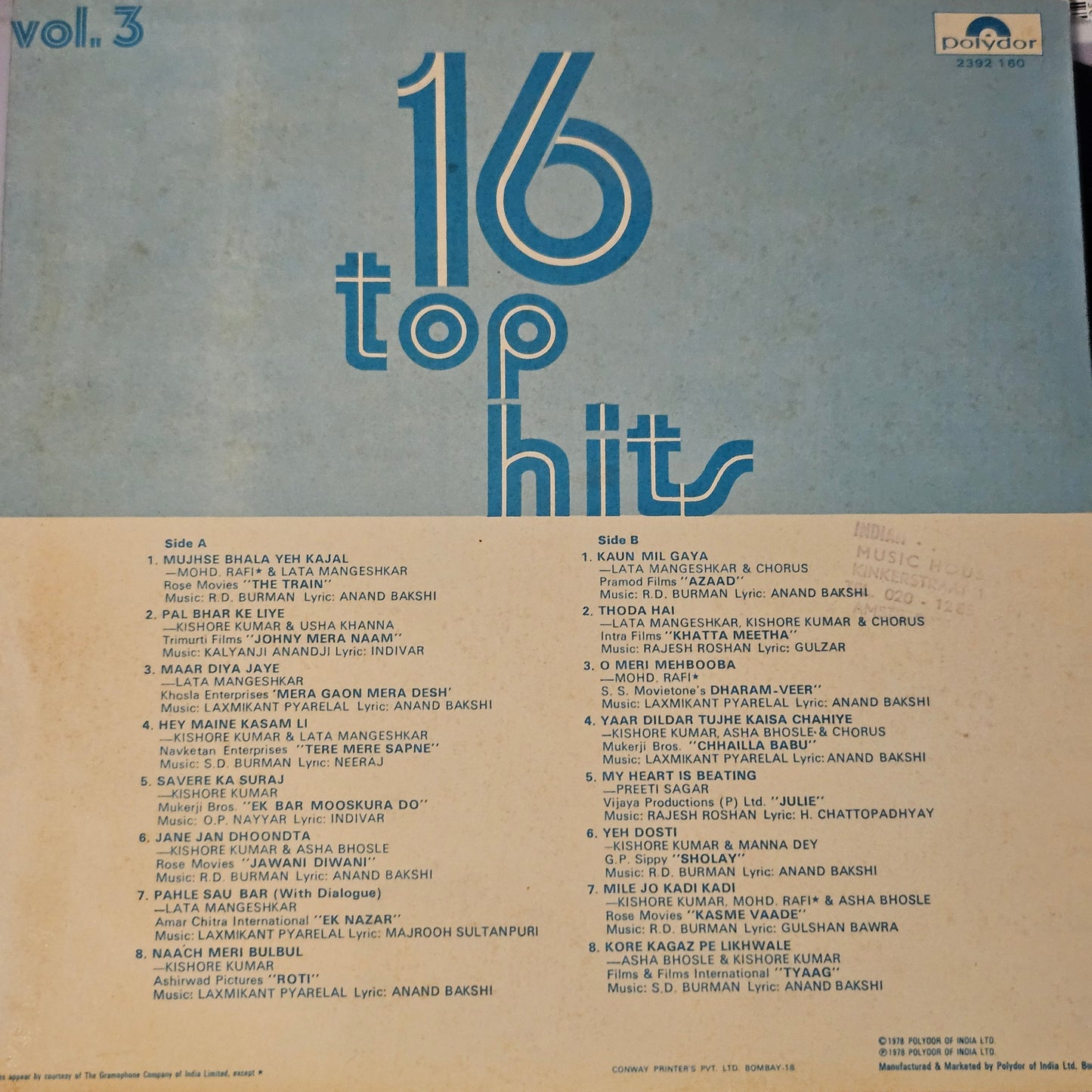 Polydor  16 top hits vol 3 in near mint - super selection of songs from original soundtracks polydor 2392160