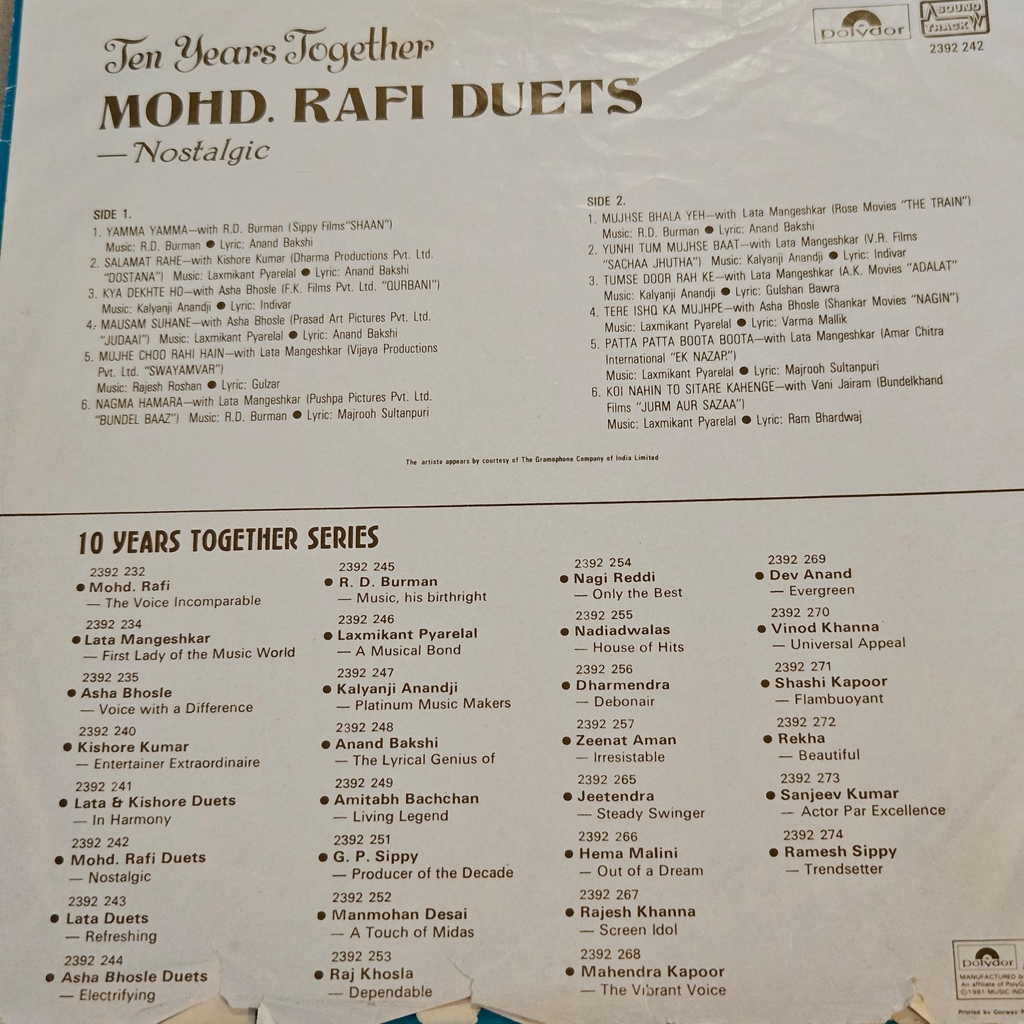 Mohammed Rafi - *Nostalgic* Hit duets from Films in VG+ condition from original soundtracks - Read description