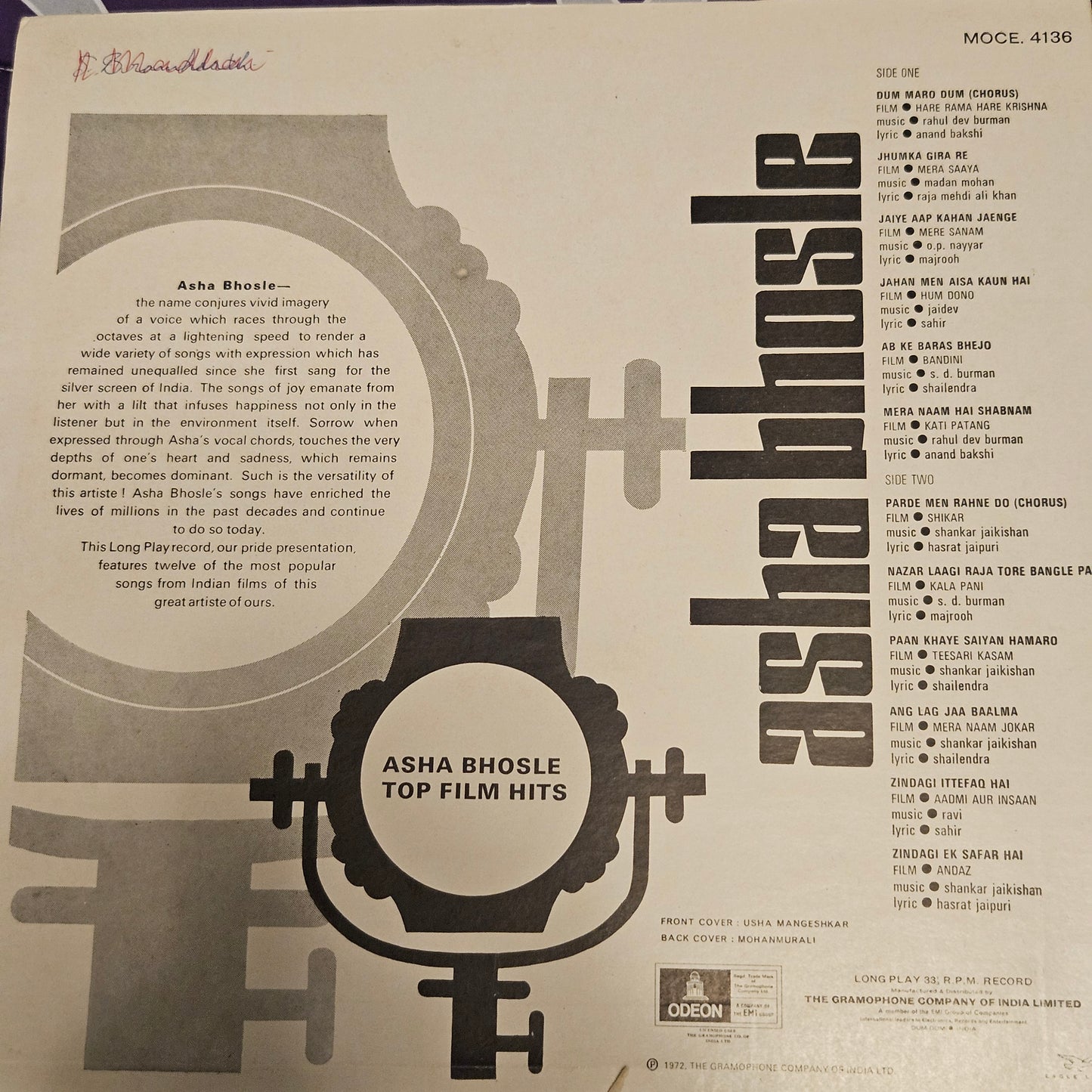 Asha bholse - Top Film hits in Heavy Odeon pressing in VG++ MOCE 4136 from original soundtracks