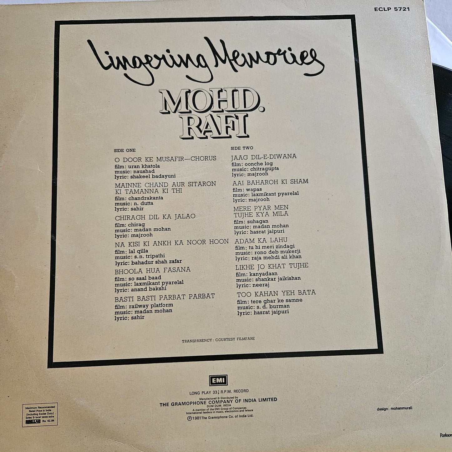 Mohammed Rafi - Lingering memories ECLP 5721 - great collection in Excellent condition from original soundtrack - read description