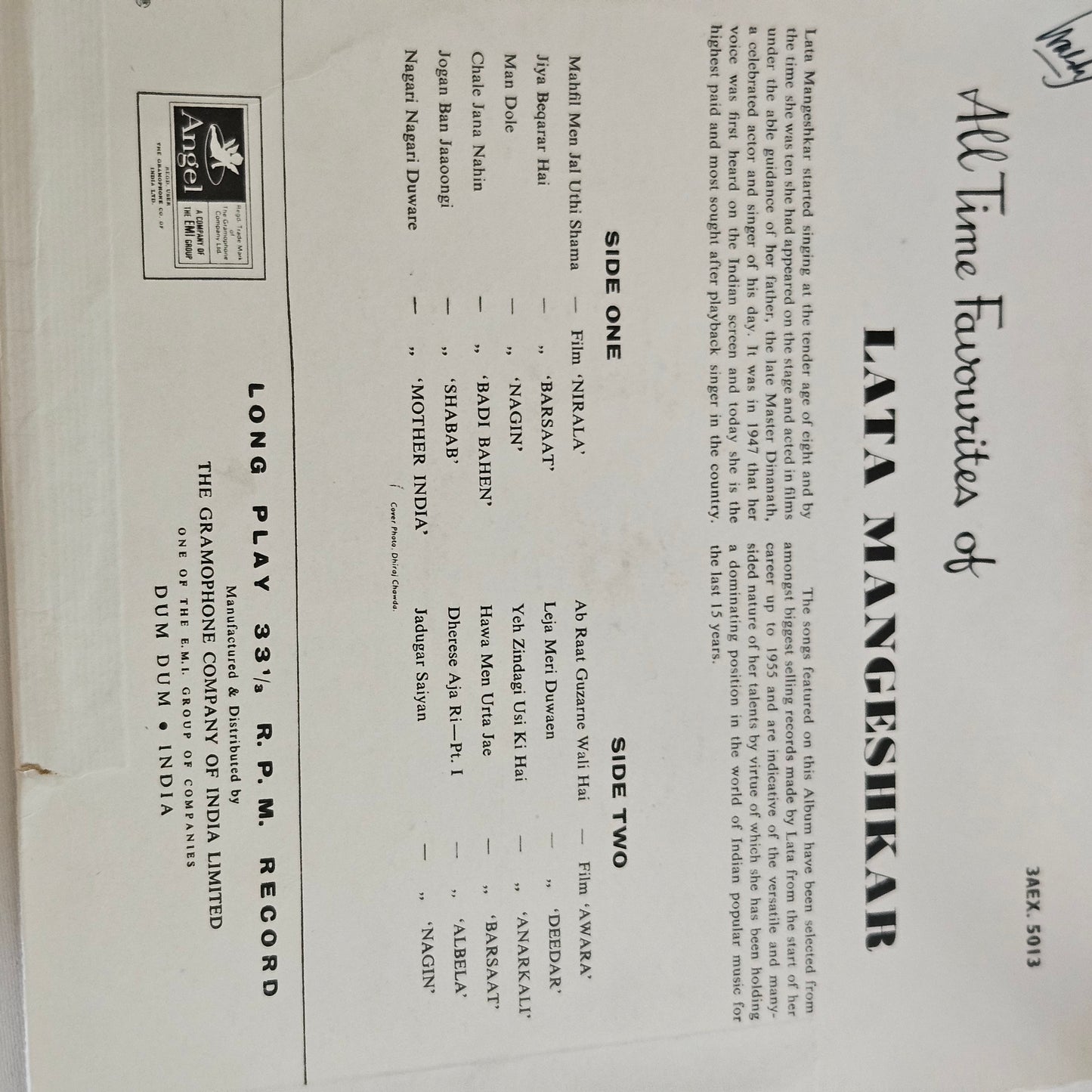 Lata Mangeshkar - All Time favourites 180 GM heavy Odeon in VG++ from original soundtrack