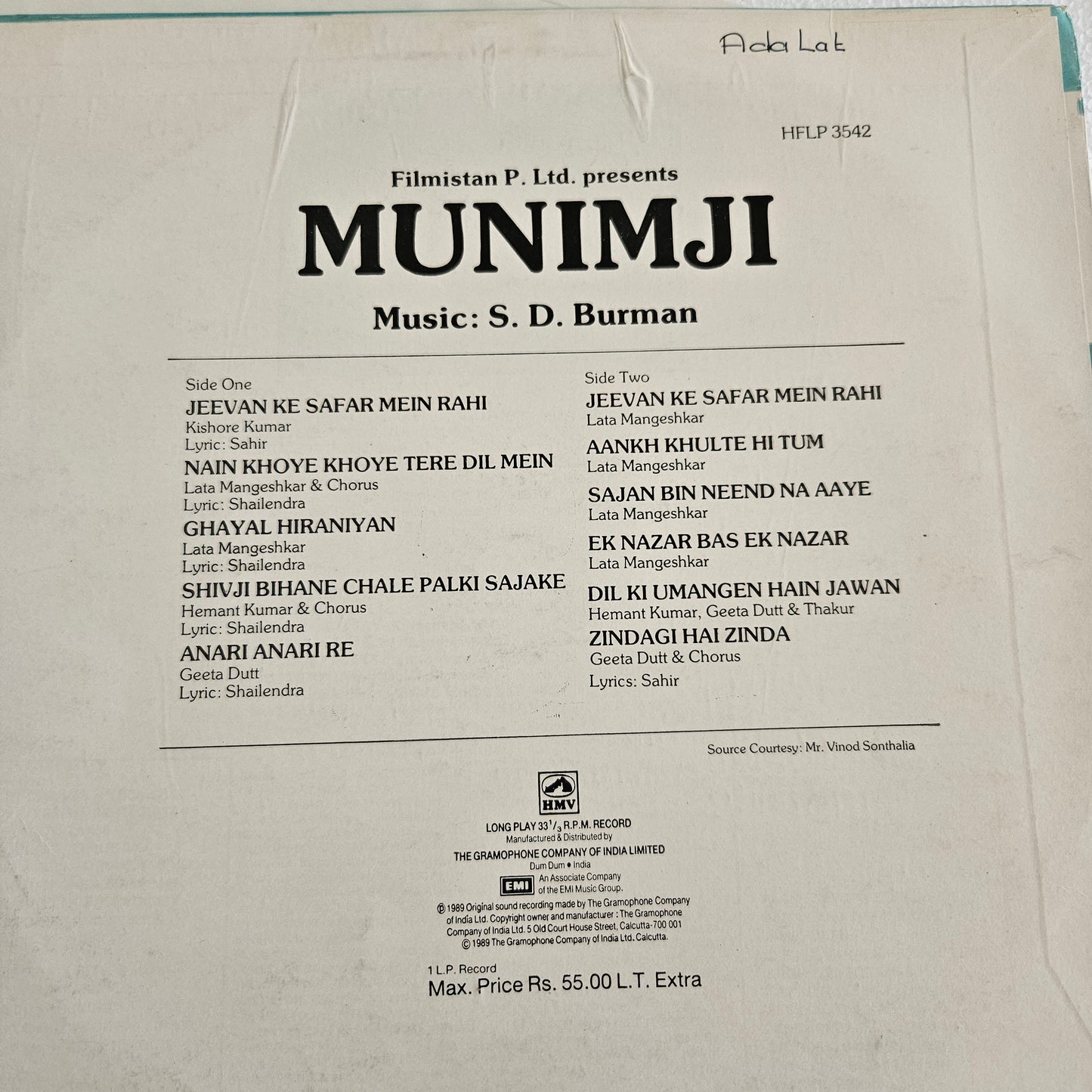 Munimji - original soundtrack music by S. D. Burman in excellent  to near mint condition from original soundtrack
