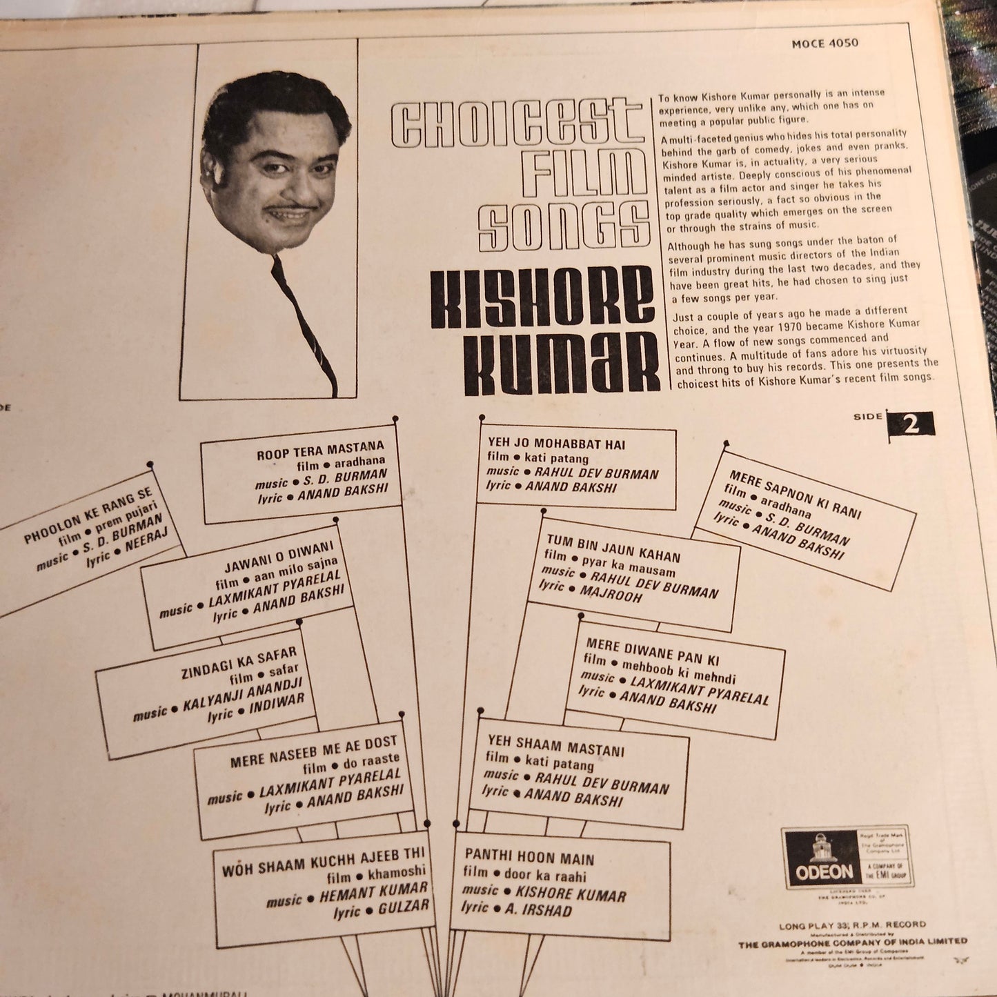 Kishore Kumar - Choicest Film Songs in Odeon in near mint from original soundtrack MOCE4050
