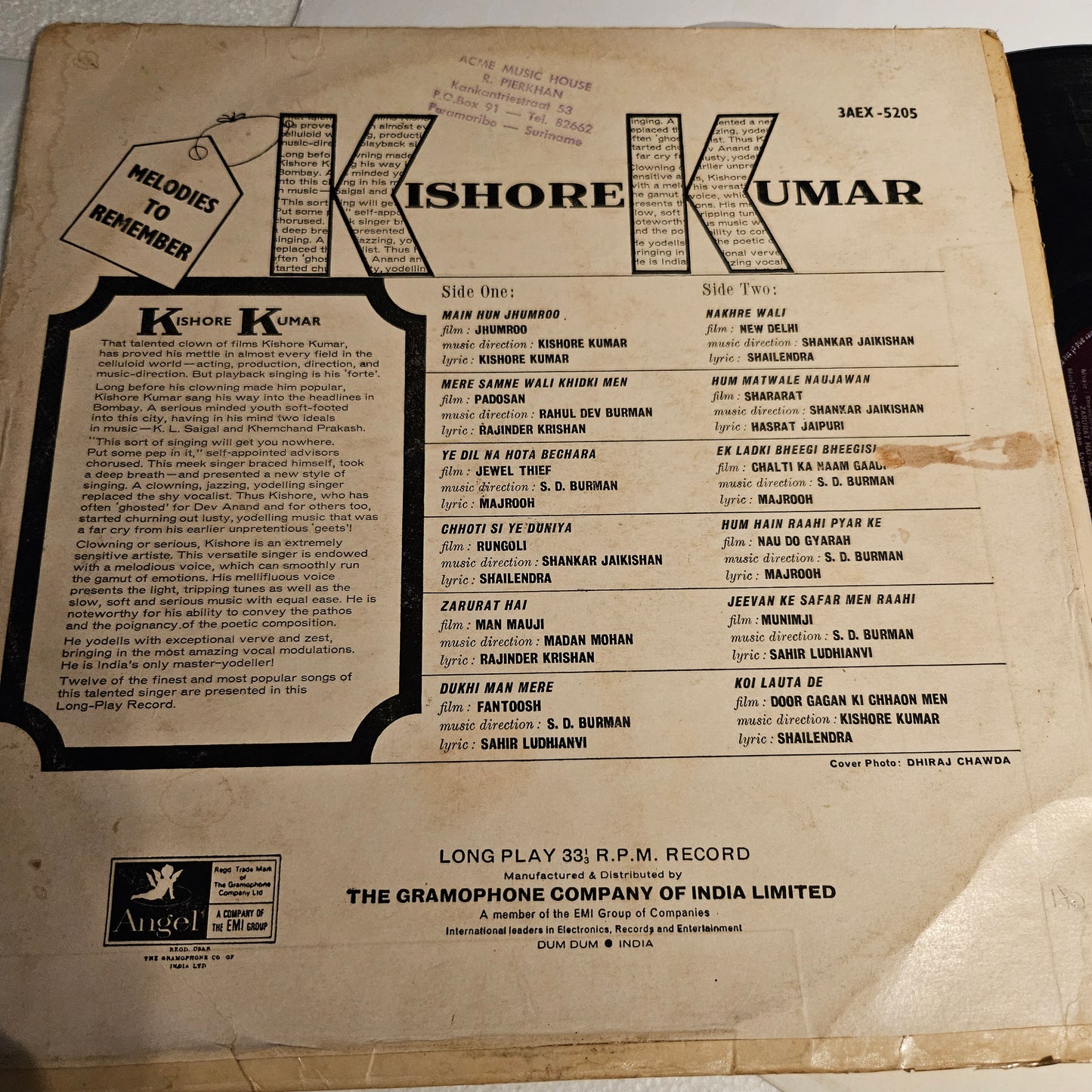 Kishore Kumar - Melodies to Remember - 1st pressing Angel in Vg+ Condition from original soundtrack 3AEX5205