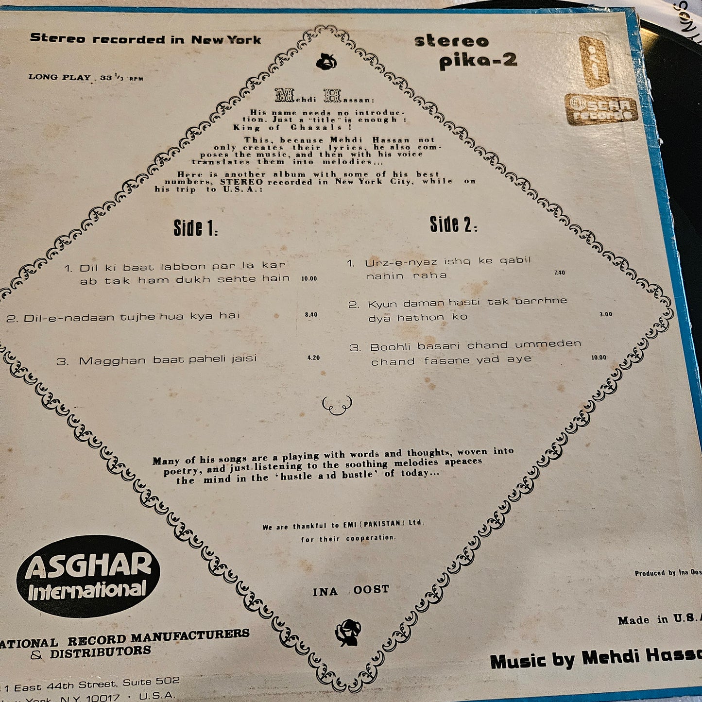 Mehdi Hassan - new Musical Heights in Near mint - Recorded in New York Pika-2