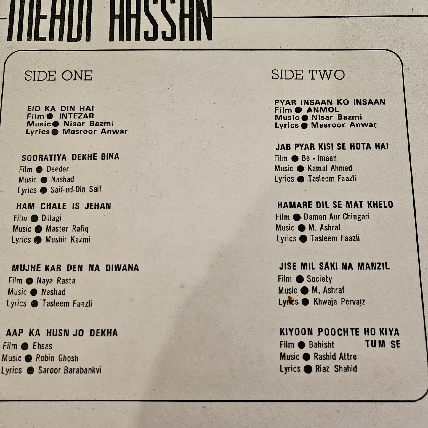 GHAZALS - Mehdi hassan Ghazals from pakistani films near Mint - EMI - LKDA 5060