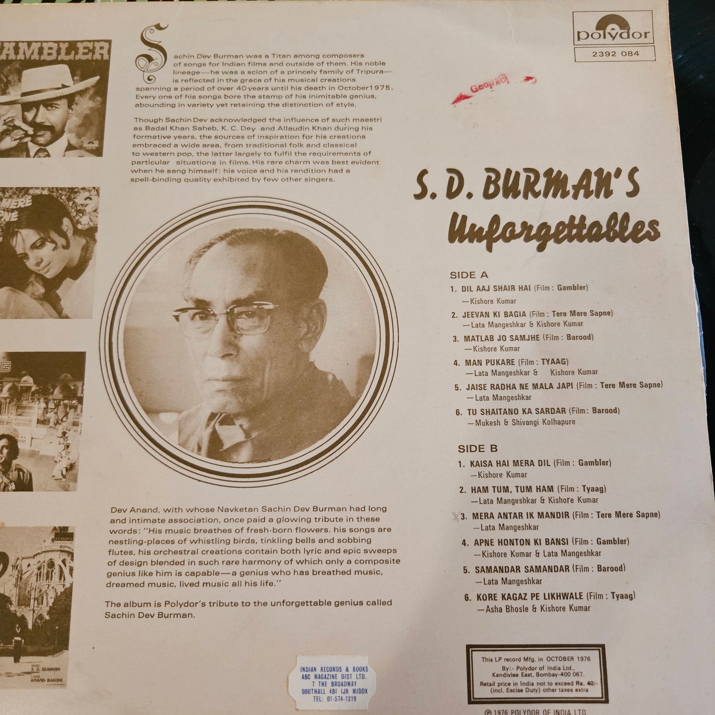 S. D. Burman - Unforgettable hits of Maestro S. D. Burman in near mint condition from original soundtracks polydor 2392-084