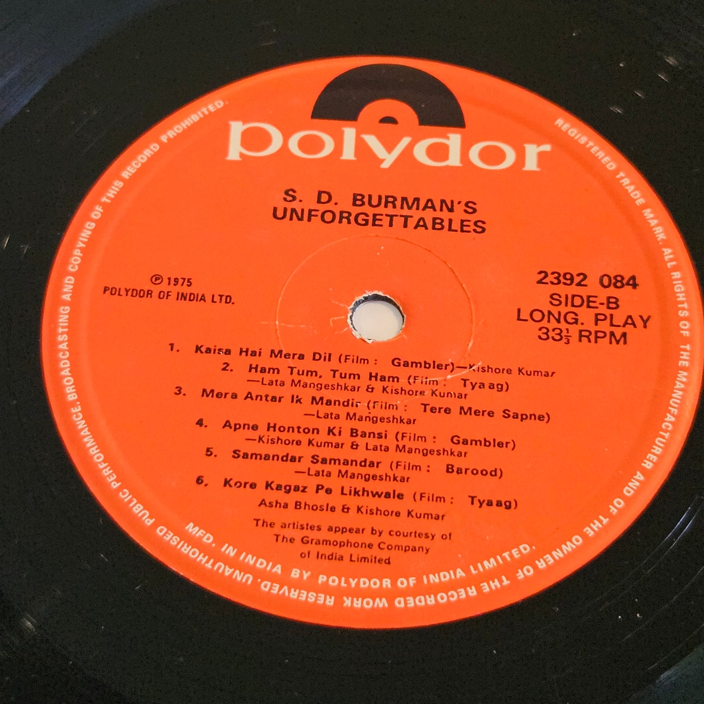 S. D. Burman - Unforgettable hits of Maestro S. D. Burman in near mint condition from original soundtracks polydor 2392-084