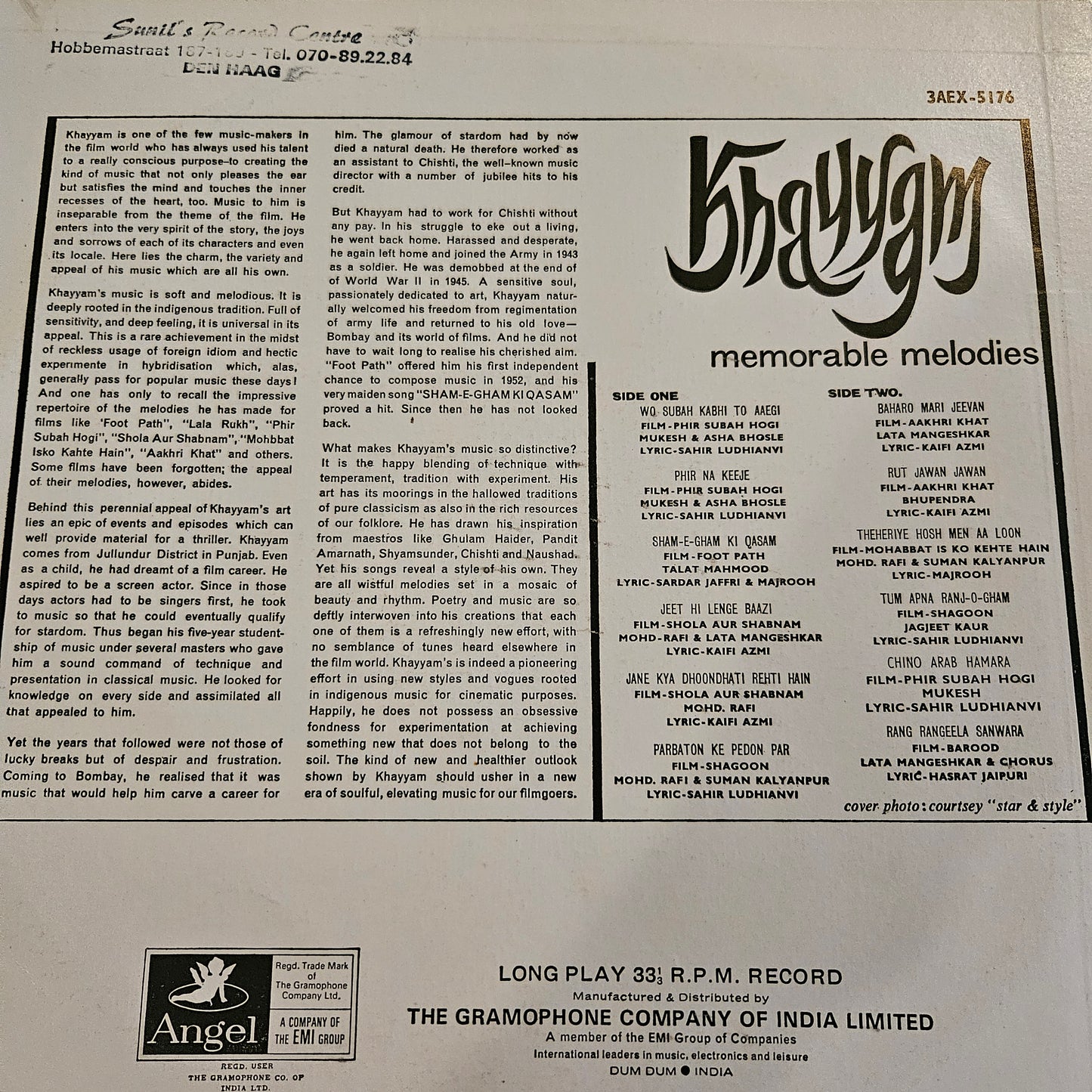Khayyam -  Memorable Melodies in Excellent  - 3AEX 5176 including songs  of Aakhri Khat and rare song Tum apna ranj-o-gham