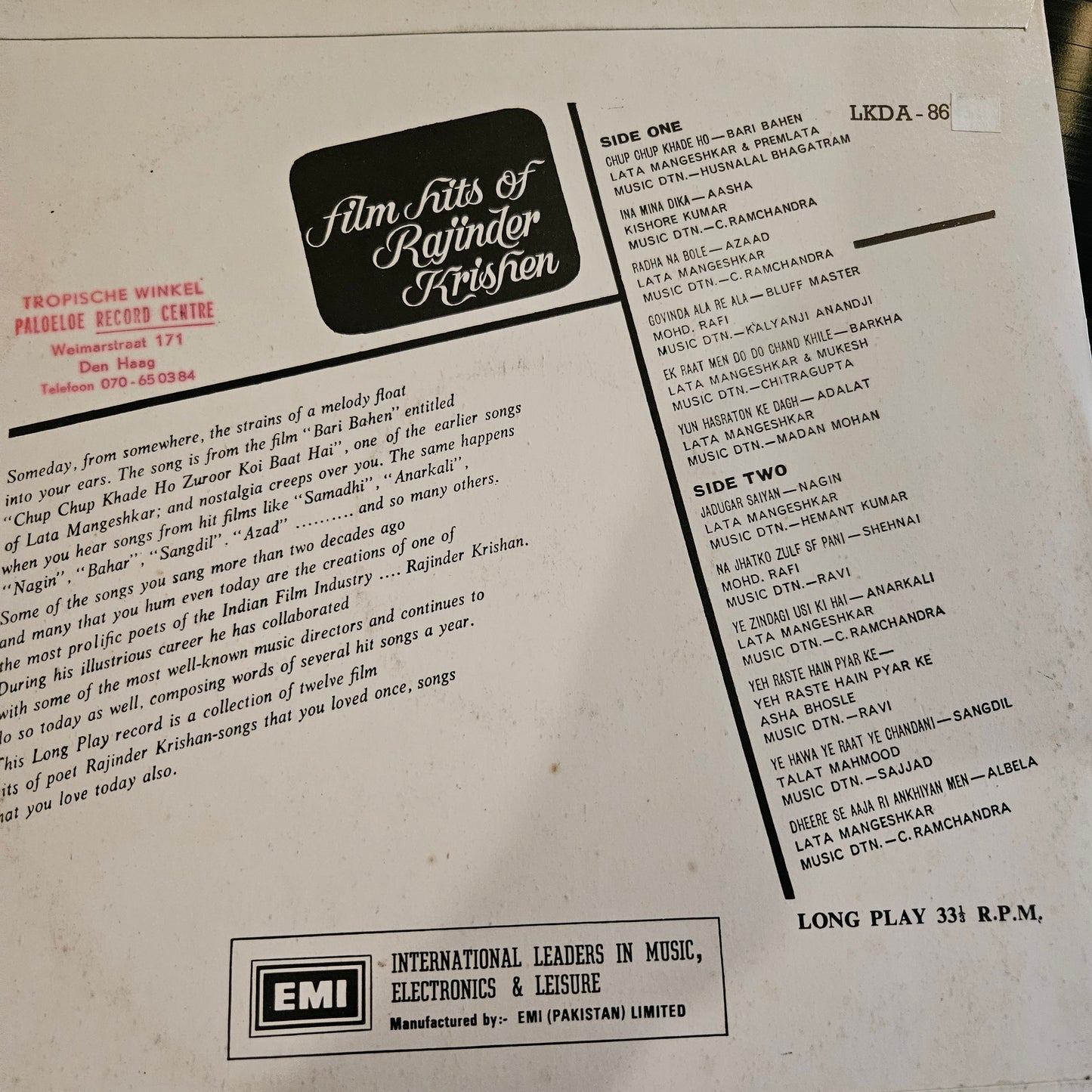 Rajinder Krishnan - his film hits - Rare Odeon edition in near mint condition from original soundtracks