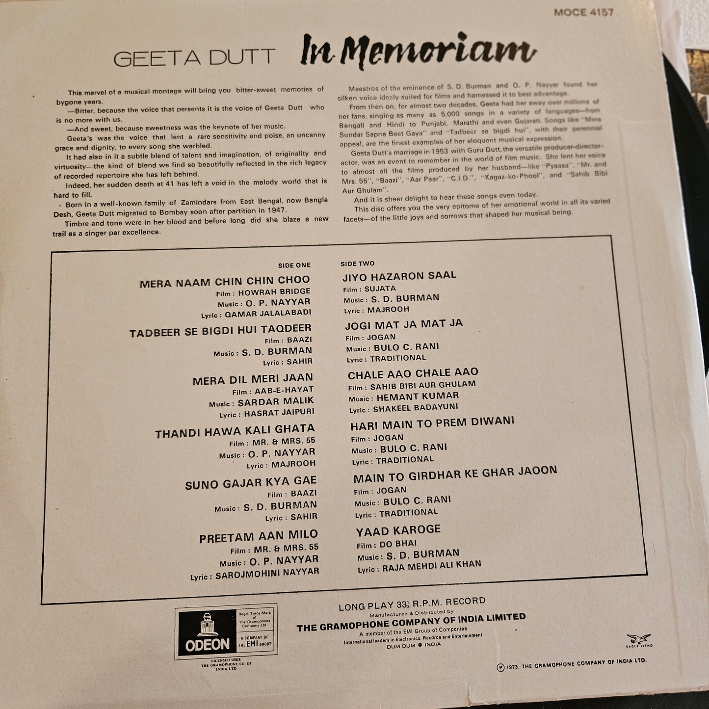 Geeta Dutt In Memoriam in 1st ring Odeon version near mint condition MOCE4157